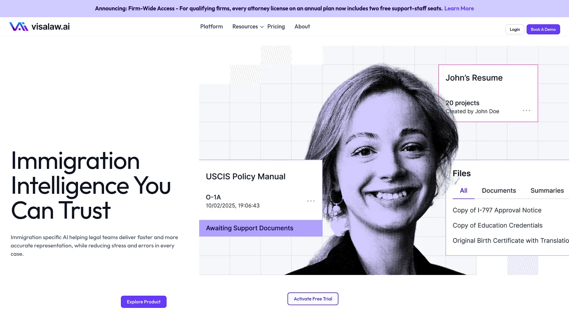 Visalaw AI immigration drafting software homepage