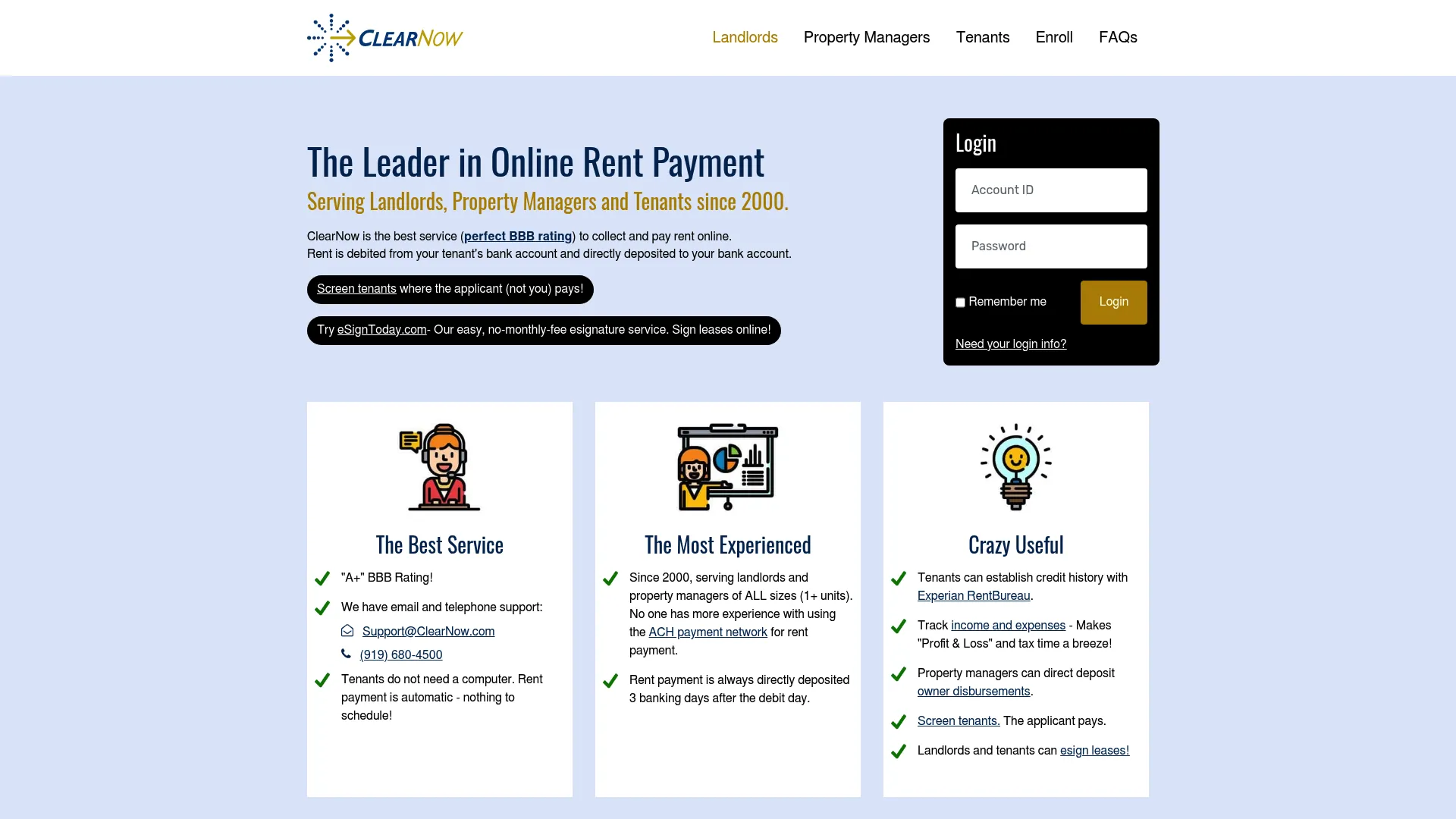 ClearNow online ACH rent payment homepage