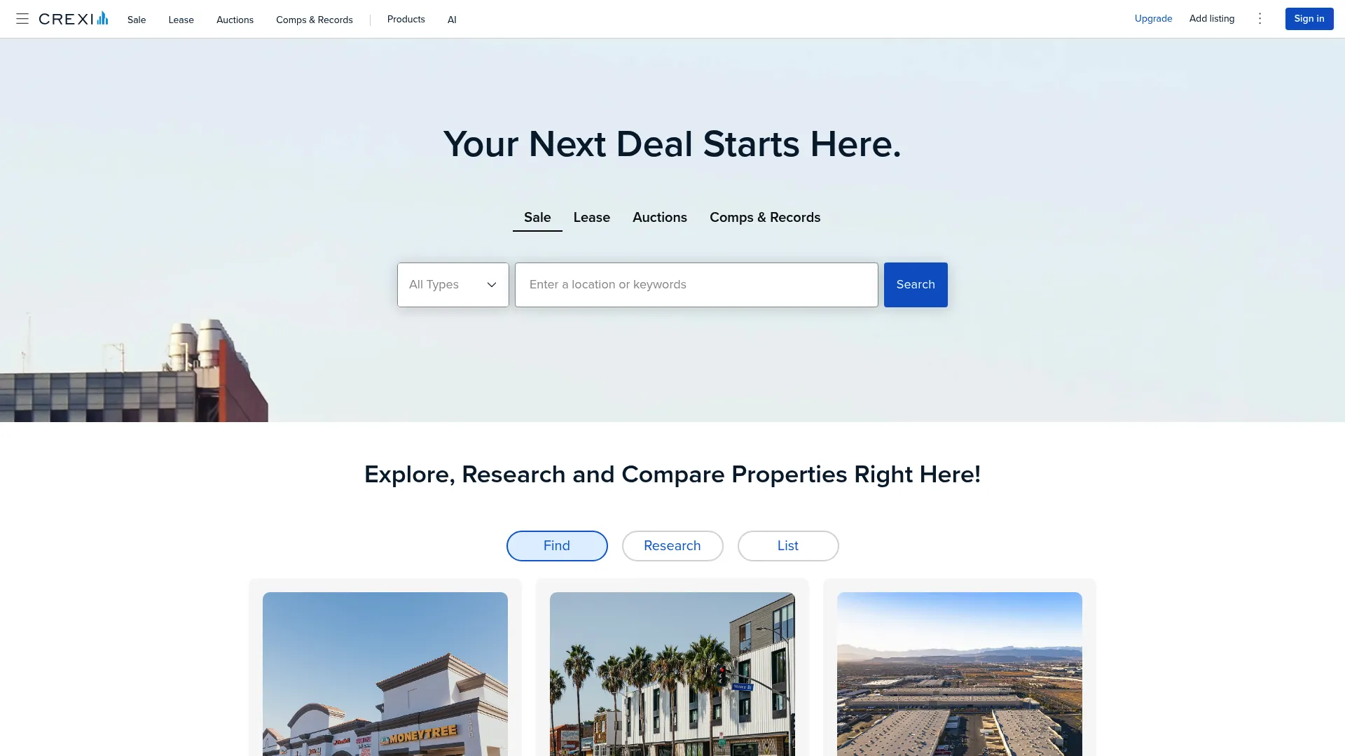 Crexi commercial real estate platform homepage showing property listings and search