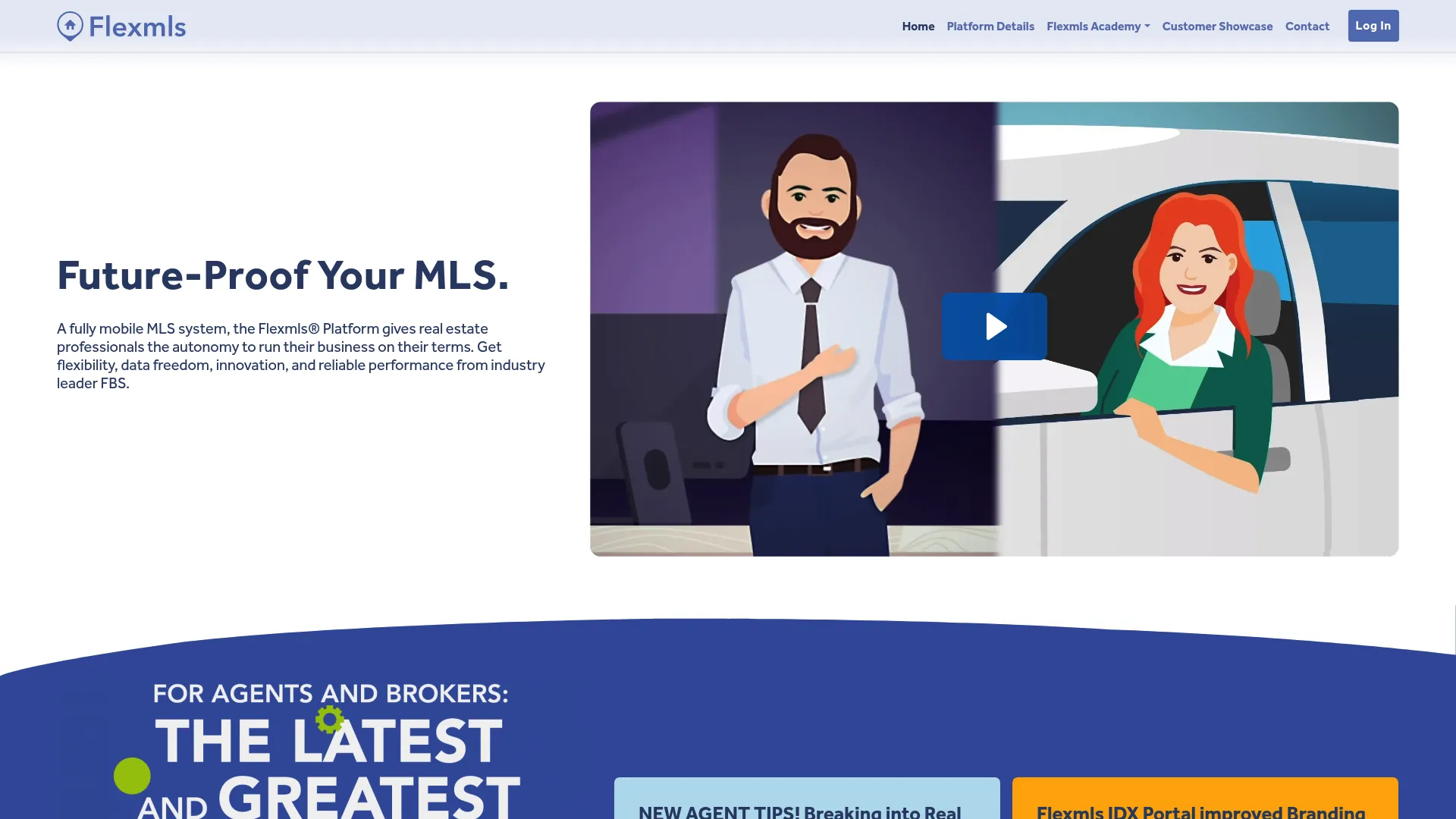 Flexmls platform homepage showing mobile MLS access for real estate professionals