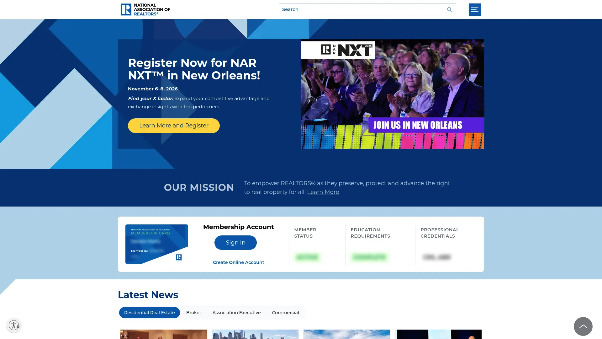 National Association of Realtors homepage showing member resources and advocacy content