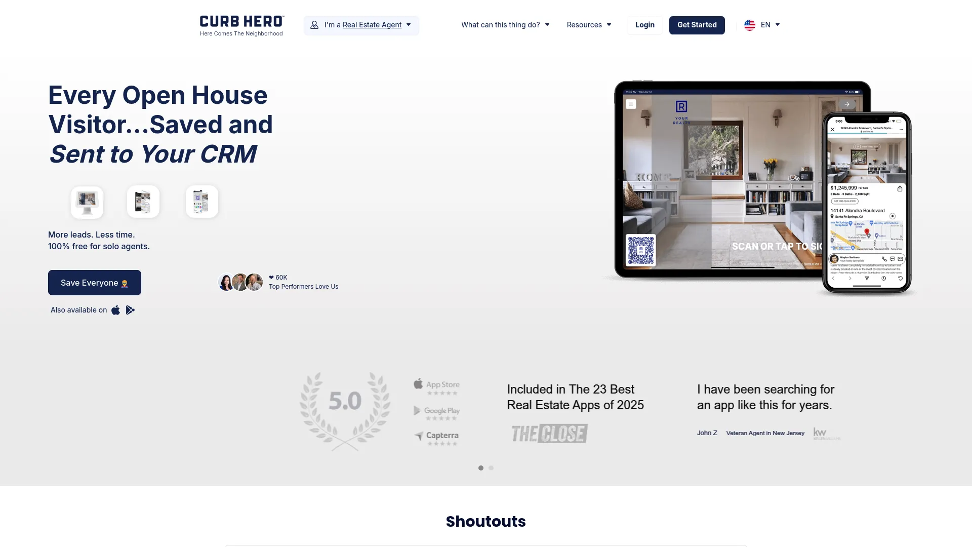 Curb Hero open house sign-in software homepage