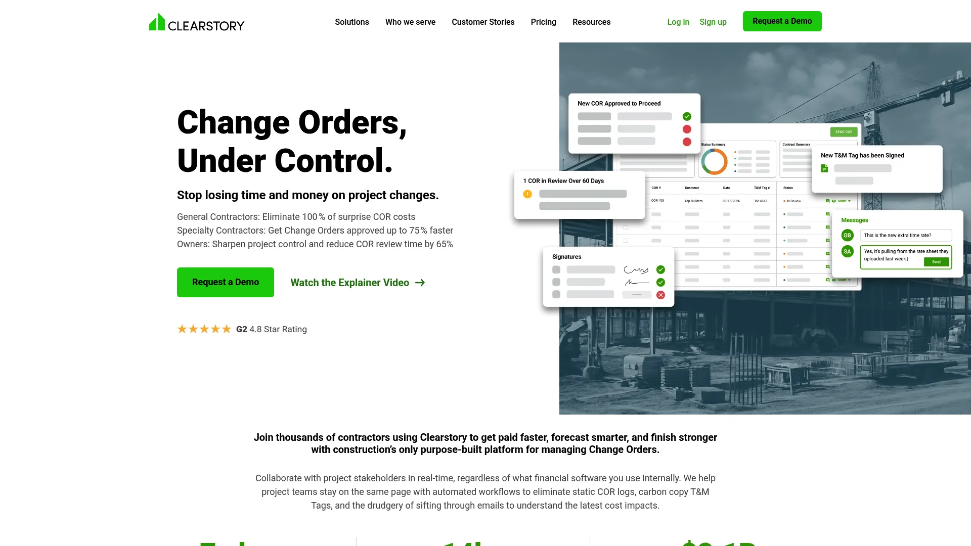 Clearstory change order software homepage