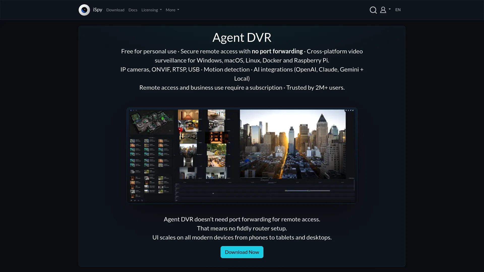 Agent DVR browser-based surveillance dashboard with camera grid