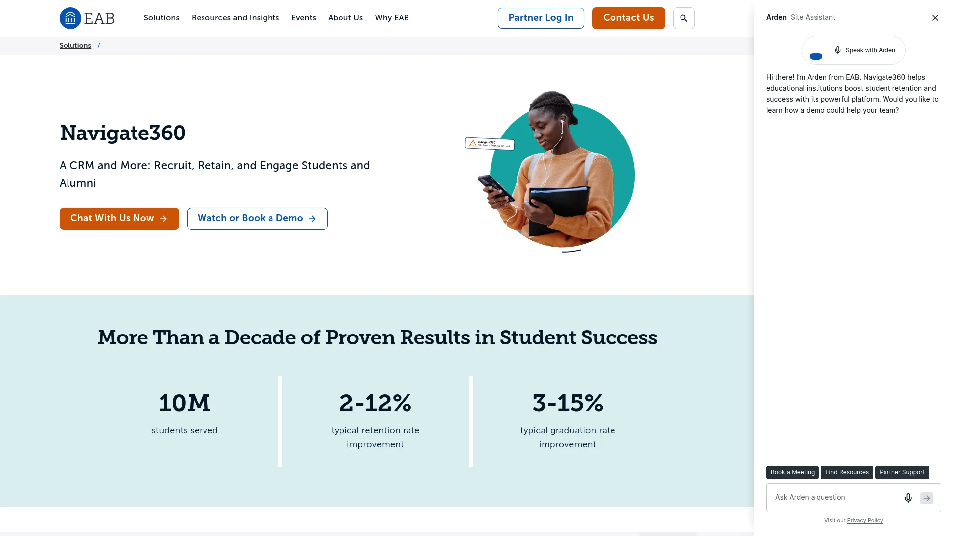 EAB Navigate360 student success platform homepage