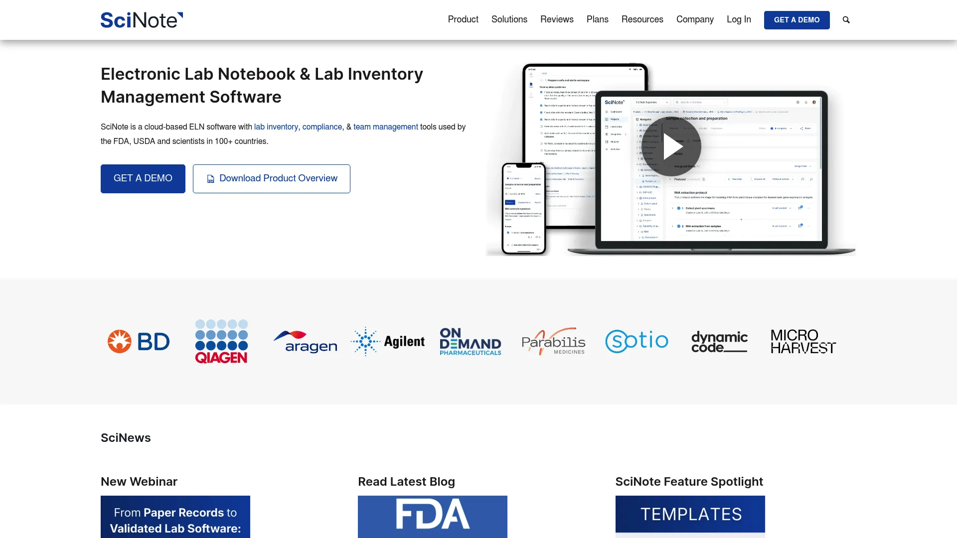 SciNote electronic lab notebook and lab management interface