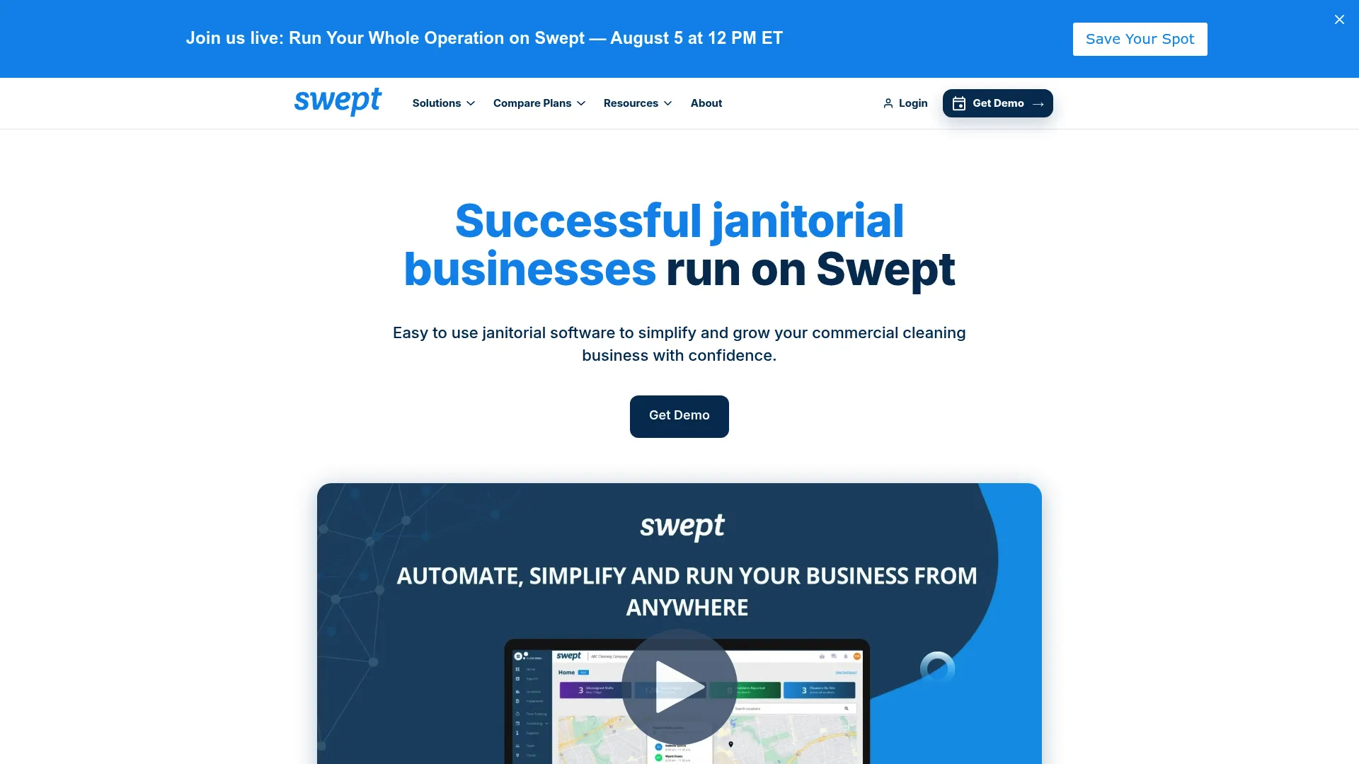 Swept janitorial software homepage showing cleaning operations management