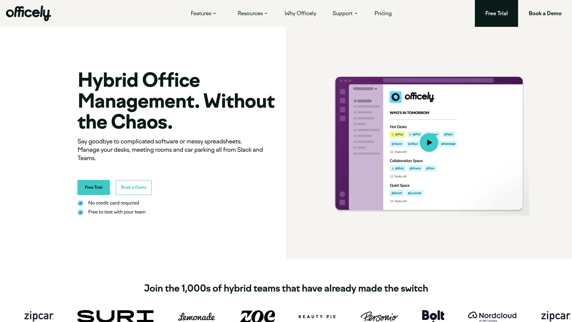 Officely hybrid workplace software in Slack and Teams