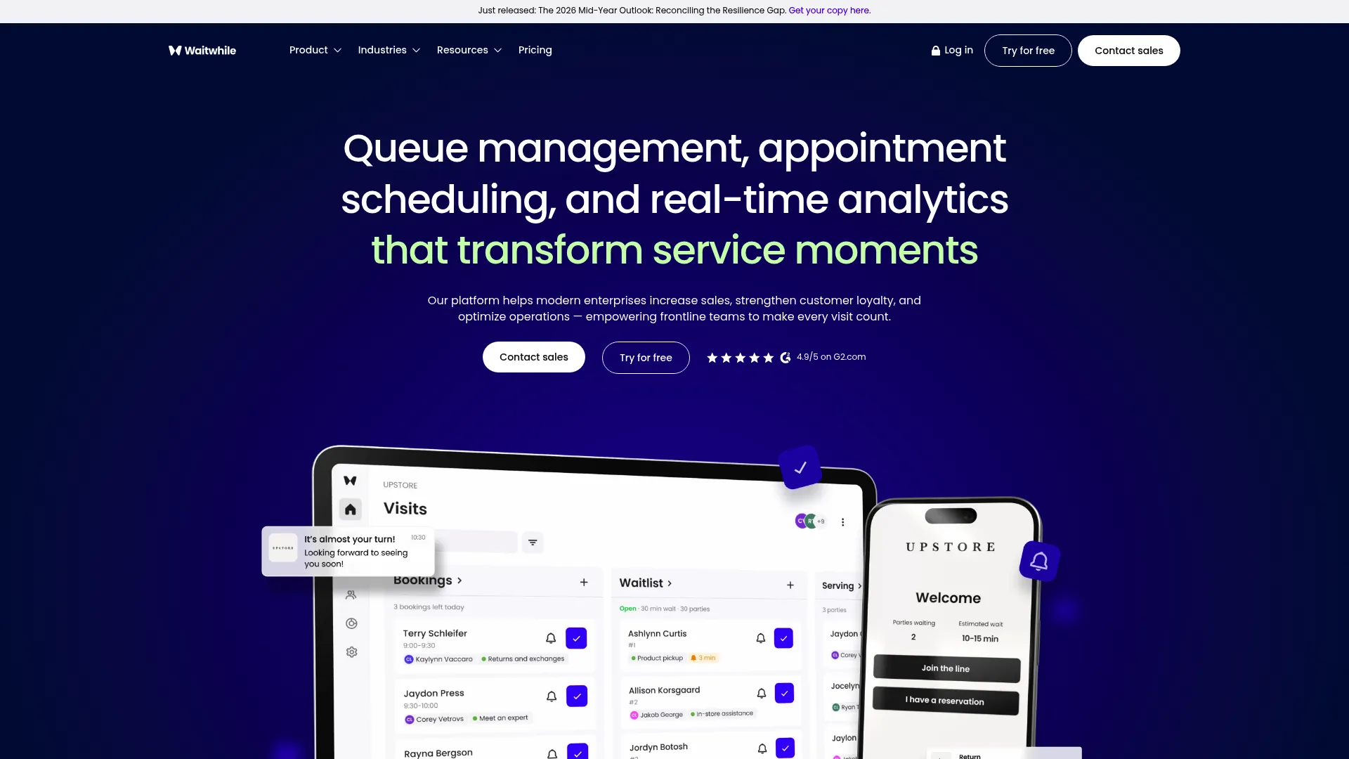 Waitwhile interface showing virtual waitlist and queue management