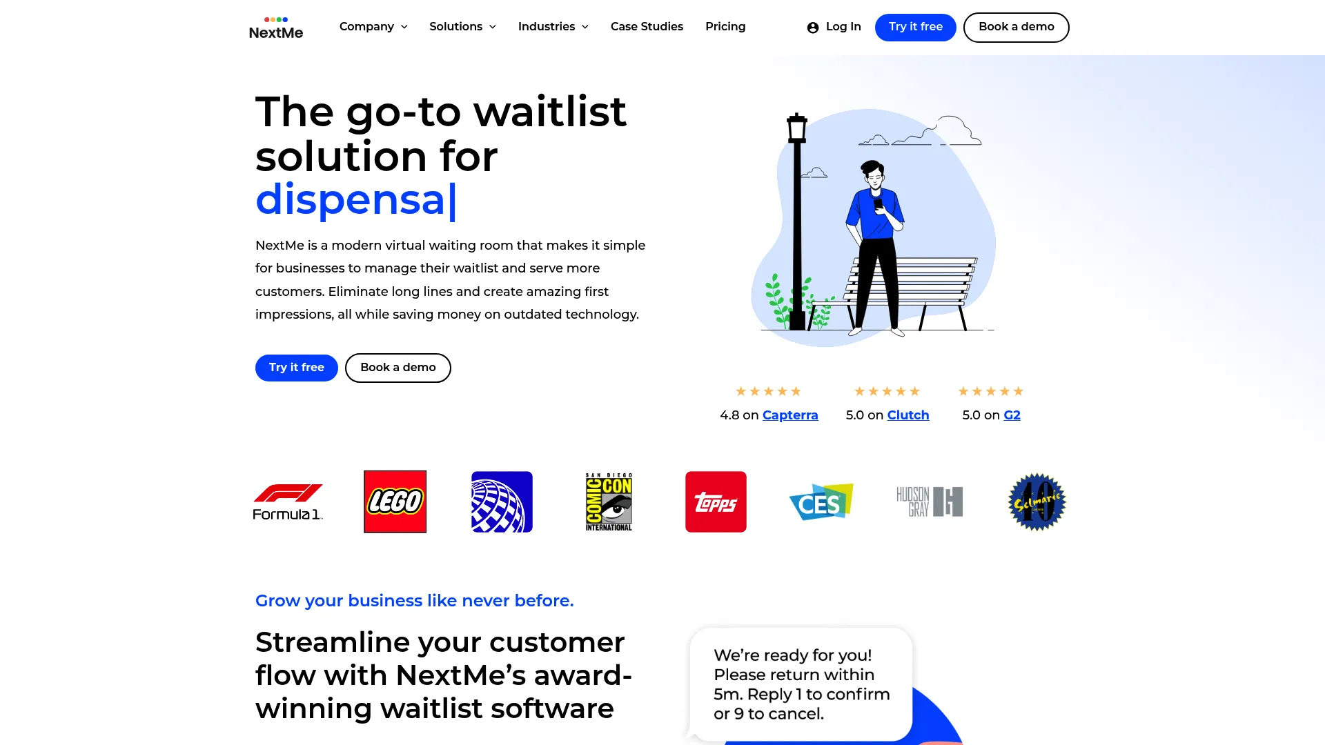 NextMe app showing virtual waiting room and SMS updates