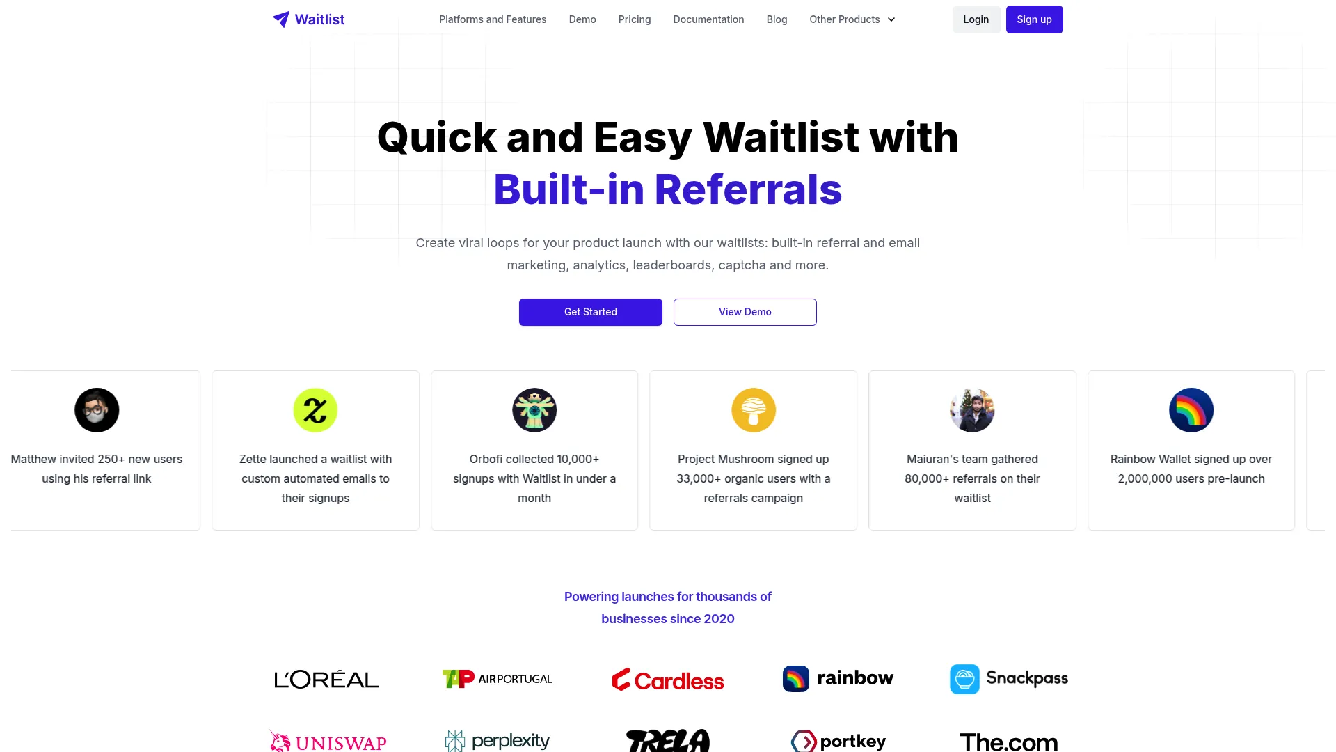 GetWaitlist homepage showing referral-based waitlist signup