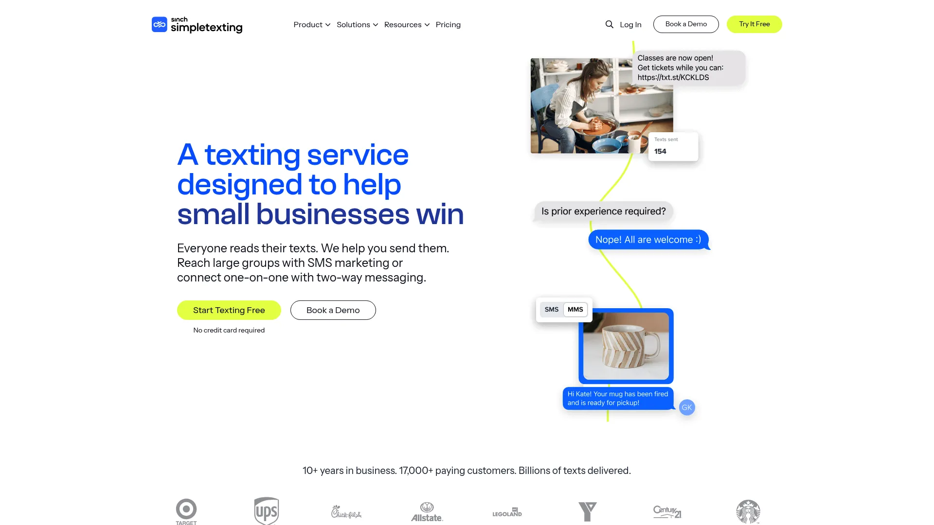 SimpleTexting SMS marketing platform homepage