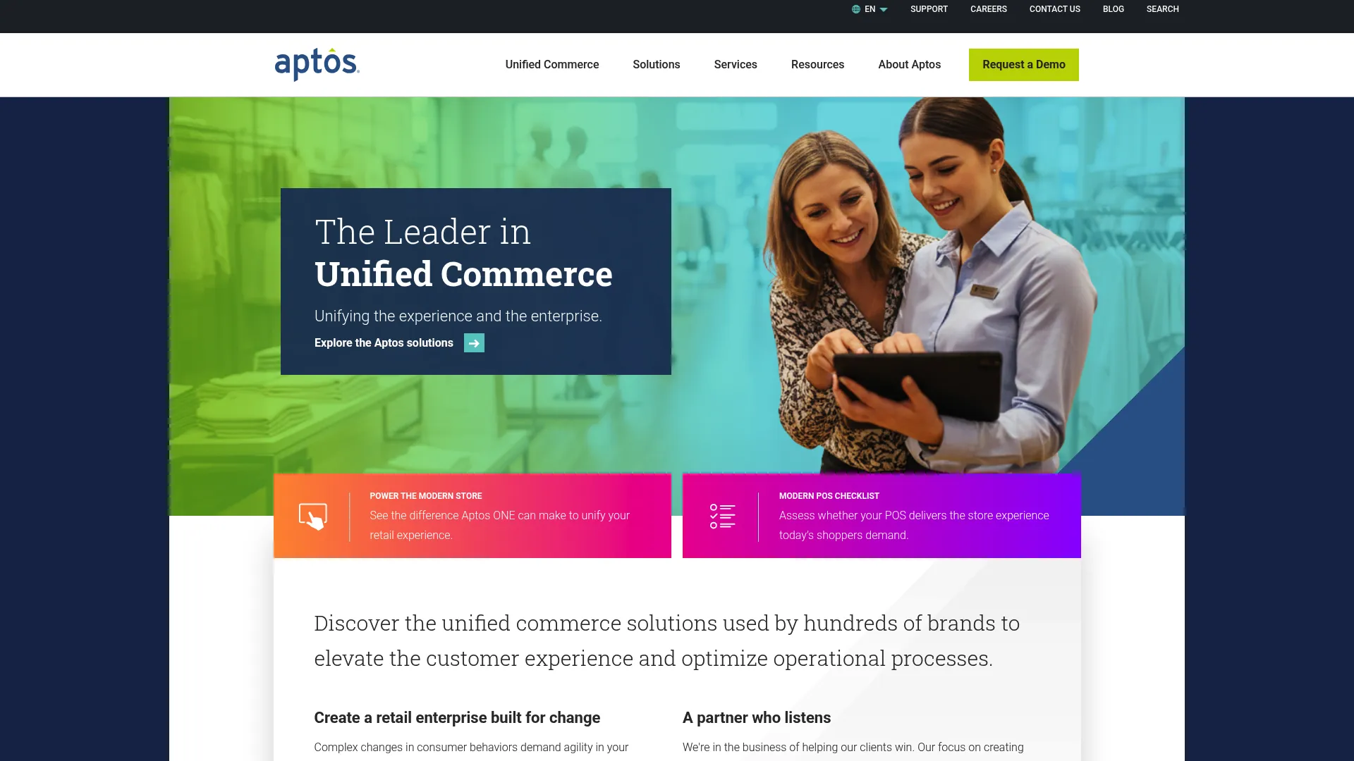 Aptos unified commerce and retail software homepage