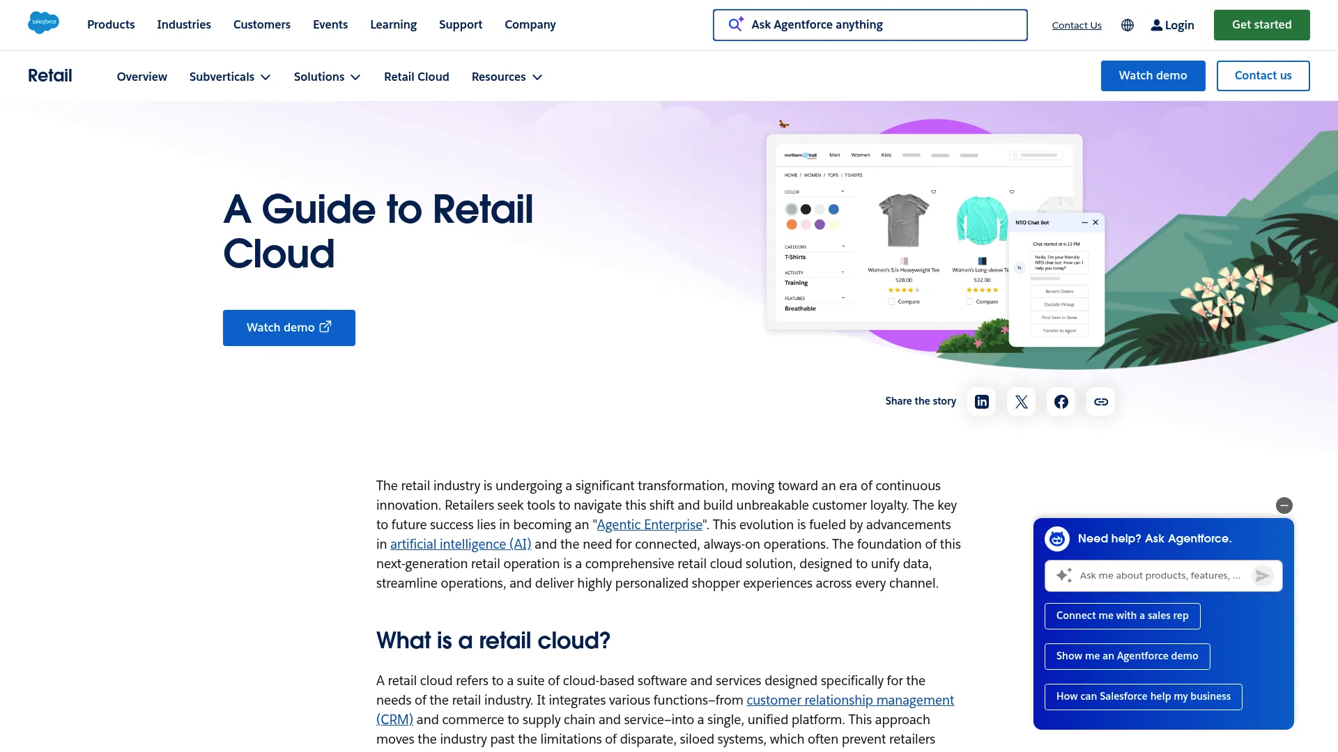 Salesforce Retail Cloud homepage showing unified retail commerce and AI capabilities