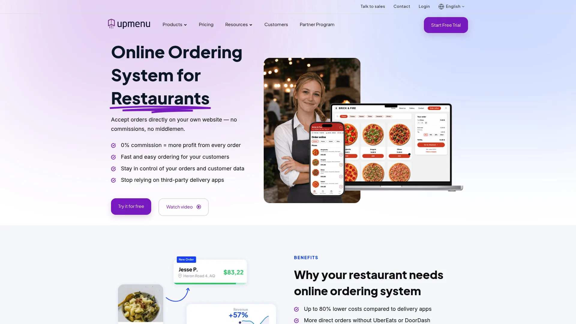 UpMenu online ordering and menu management platform homepage