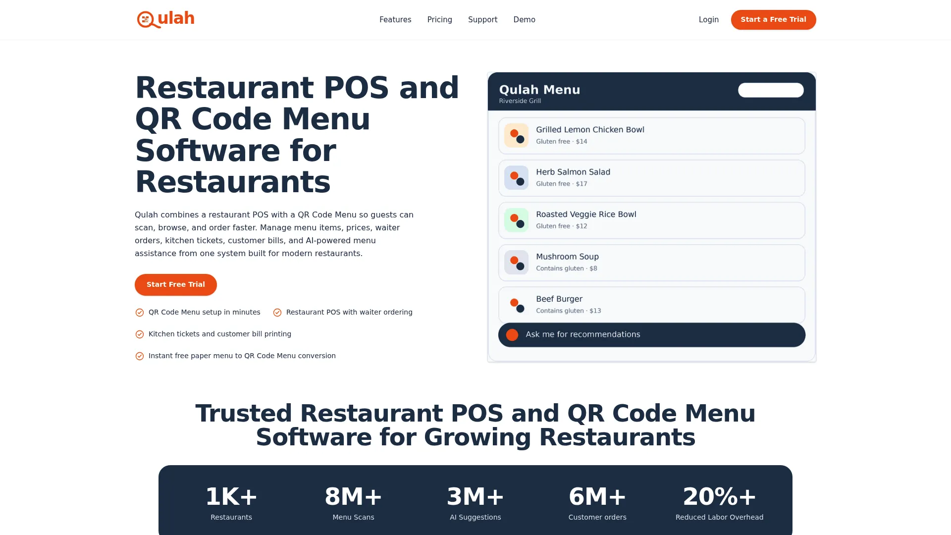 Qulah QR code menu and POS software homepage