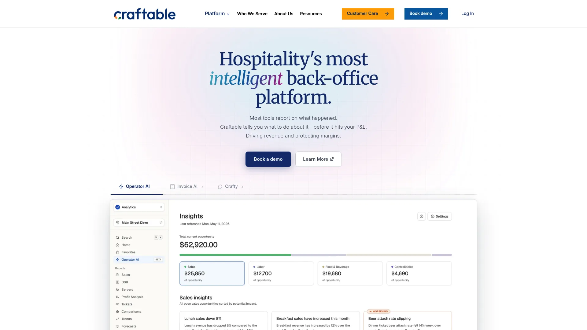 Craftable hospitality back-office software homepage