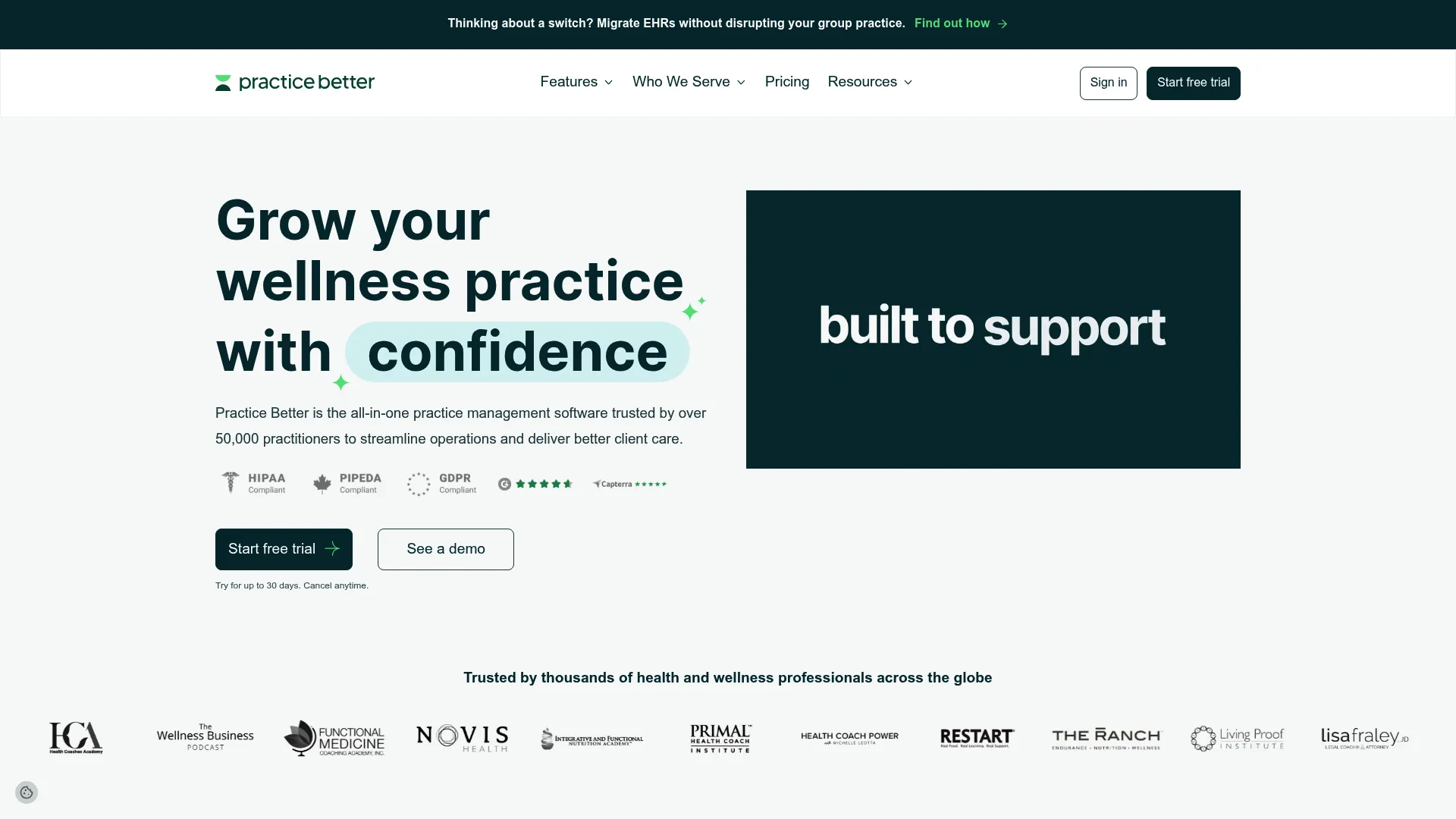Practice Better all-in-one wellness EHR homepage