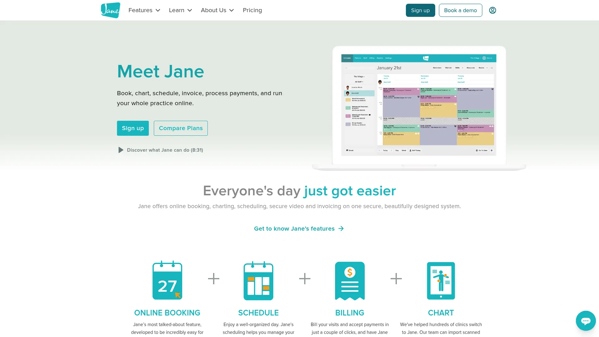 Jane App practice management software homepage