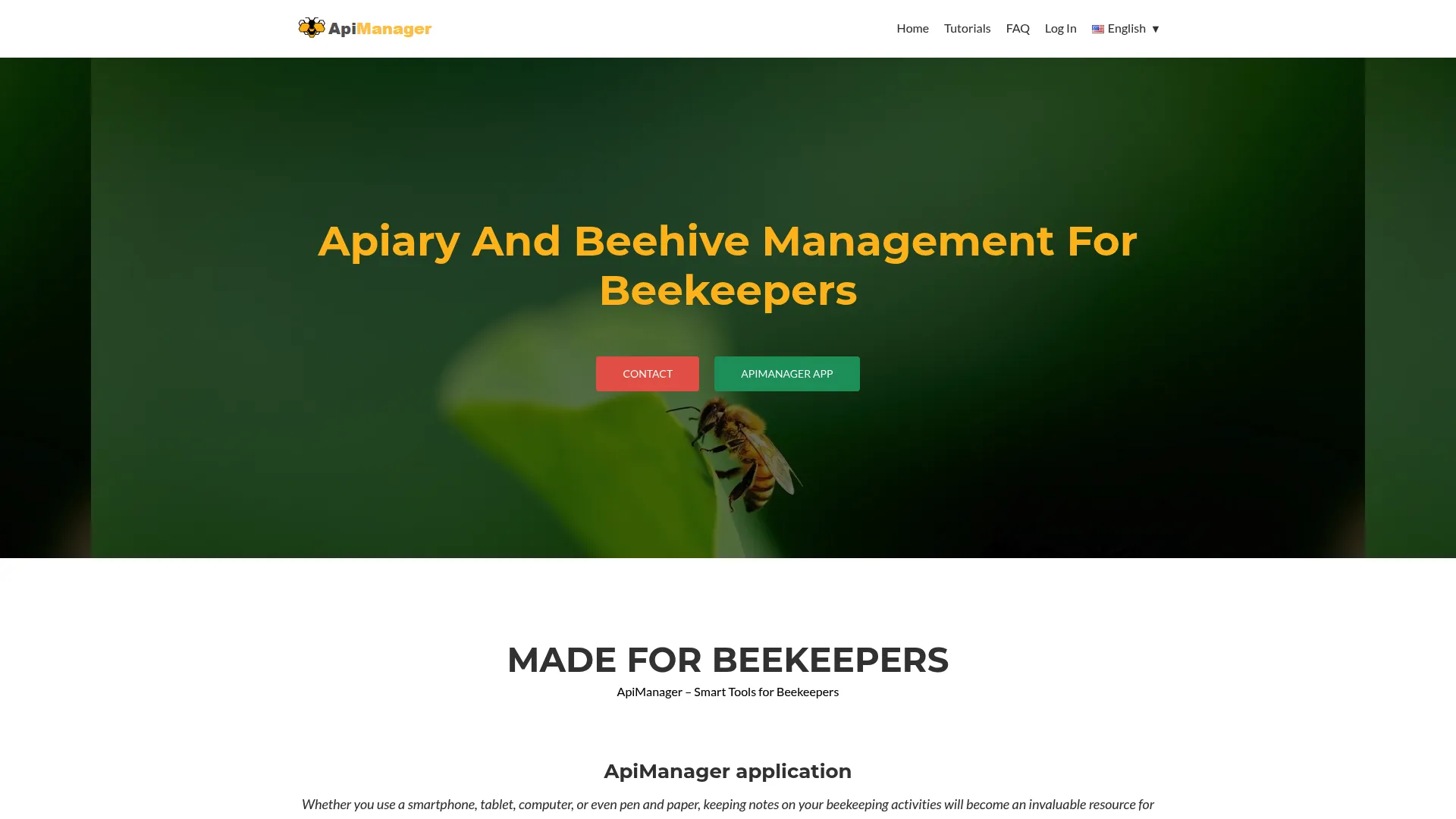 ApiManager beekeeping software homepage showing apiary and hive management features