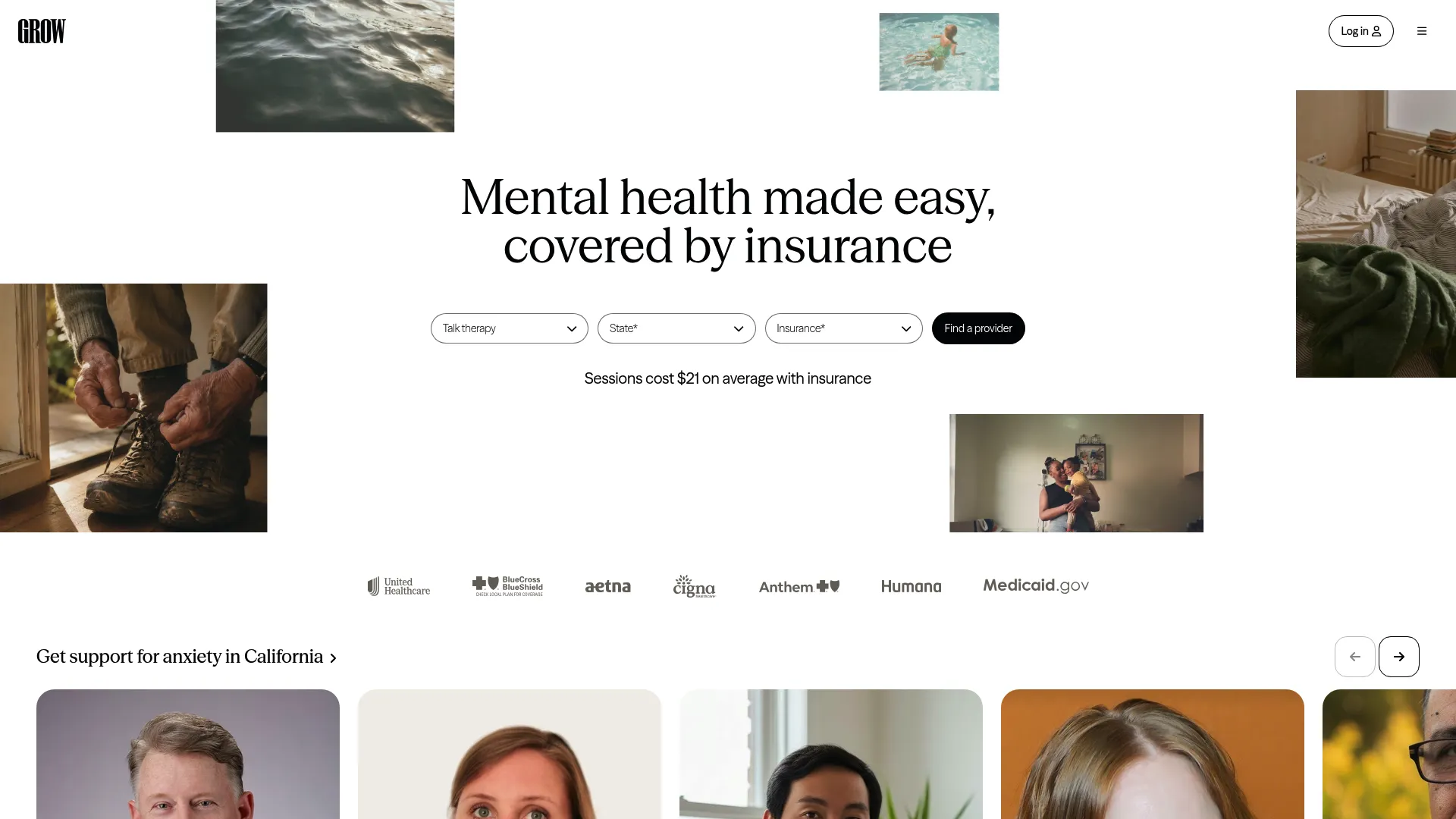 Grow Therapy insurance-based online therapy marketplace homepage