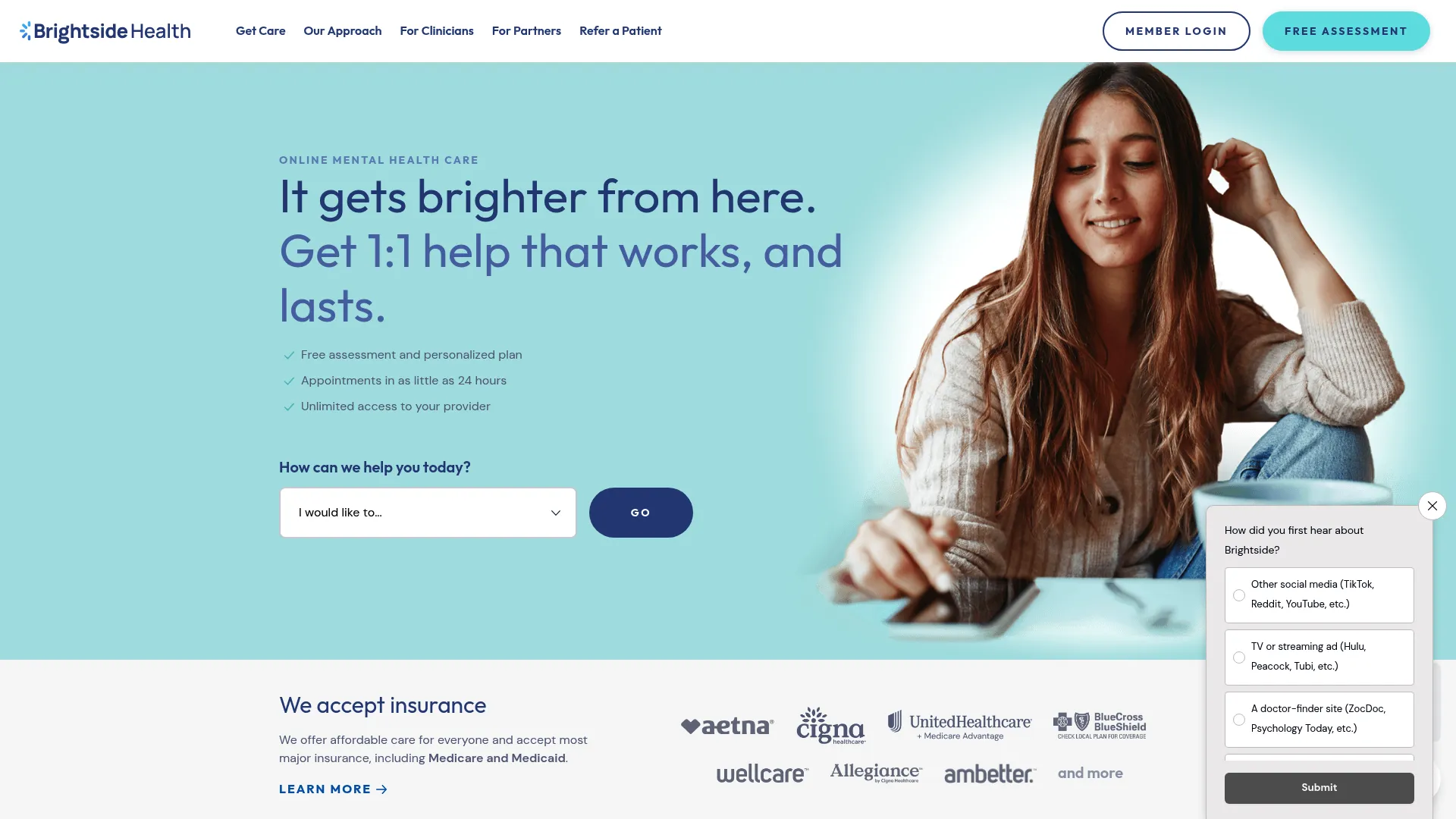 Brightside Health online psychiatry and therapy homepage