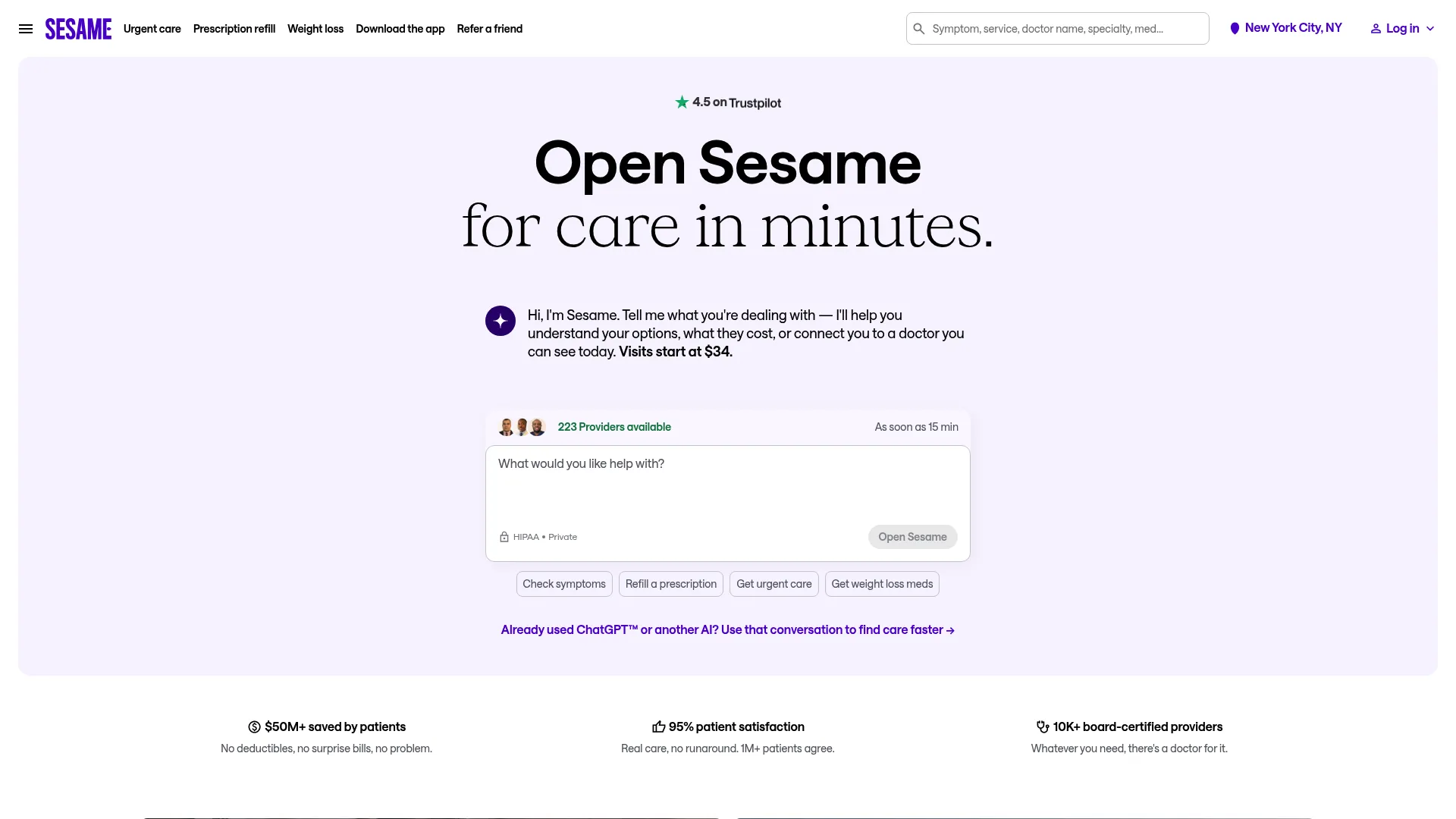 Sesame Care cash-pay telehealth marketplace homepage