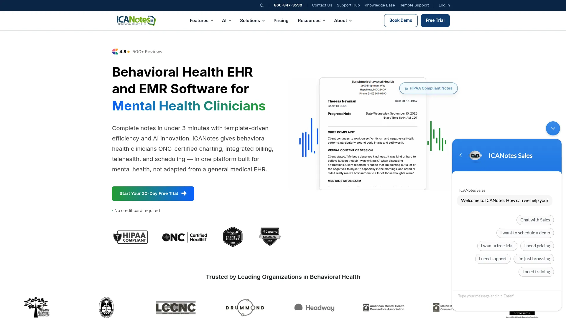 ICANotes behavioral health EHR software homepage