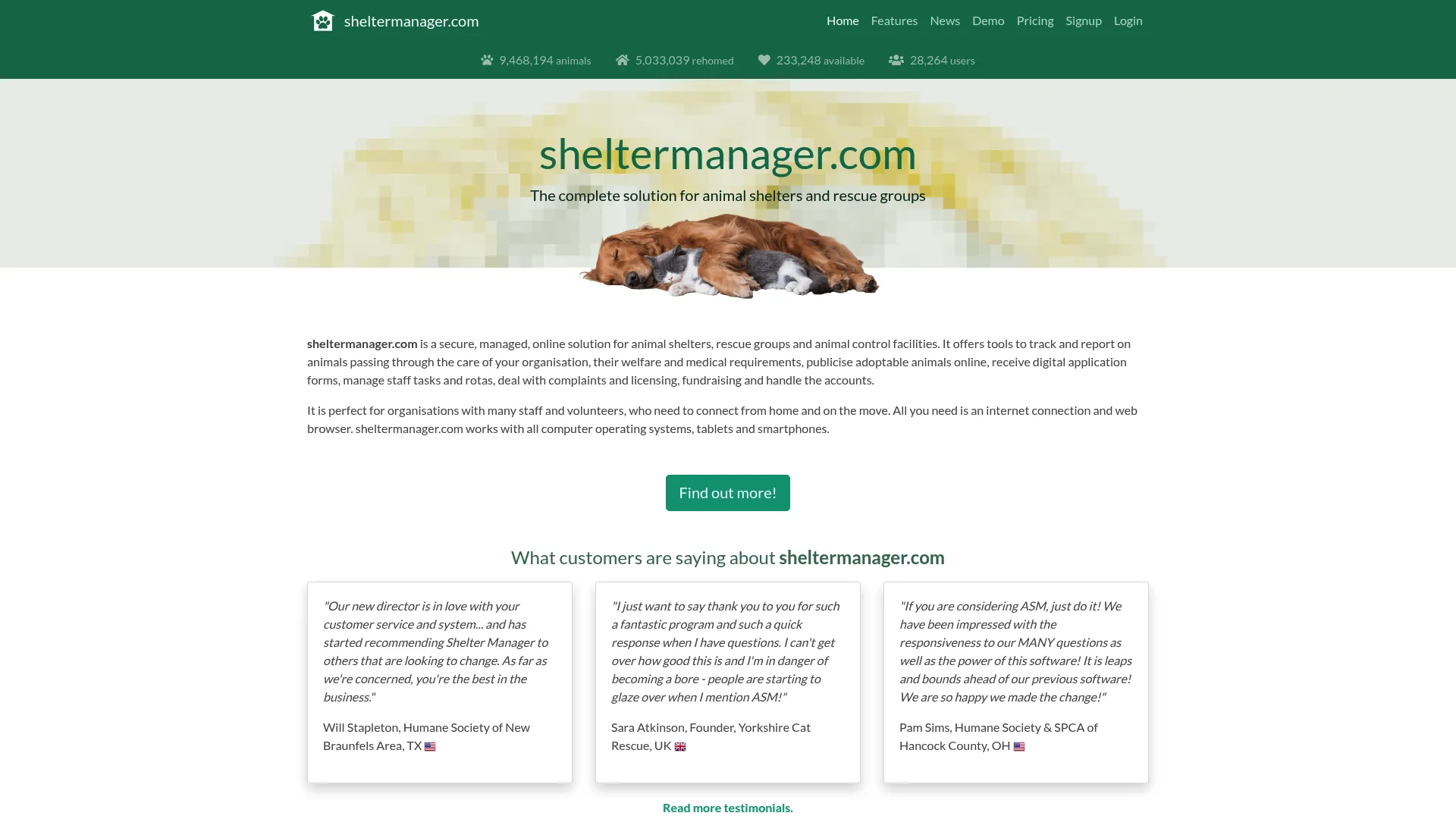 Animal Shelter Manager homepage showing hosted and open-source shelter software