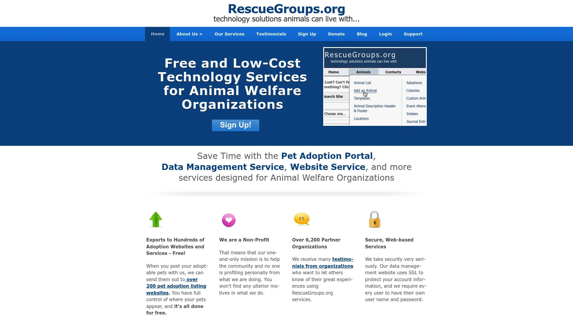 RescueGroups homepage showing nonprofit animal welfare web services