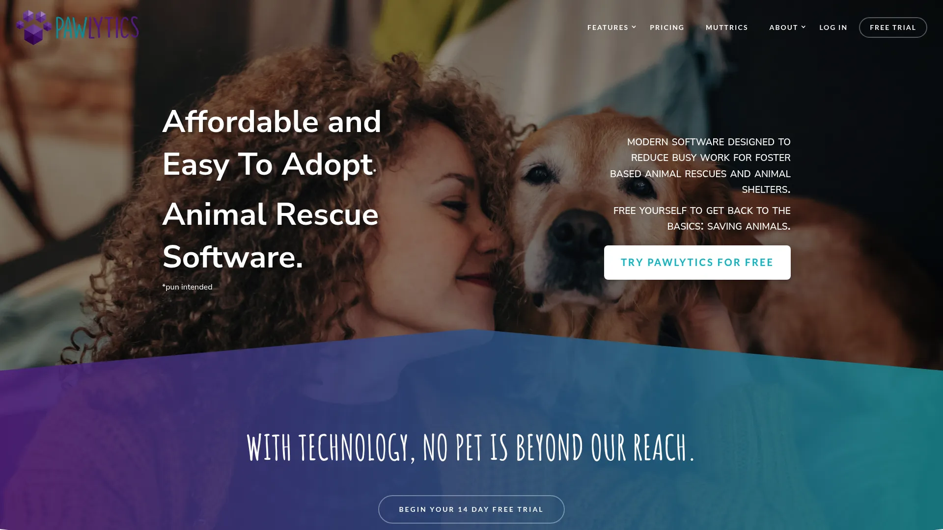 Pawlytics homepage showing animal rescue and shelter management software
