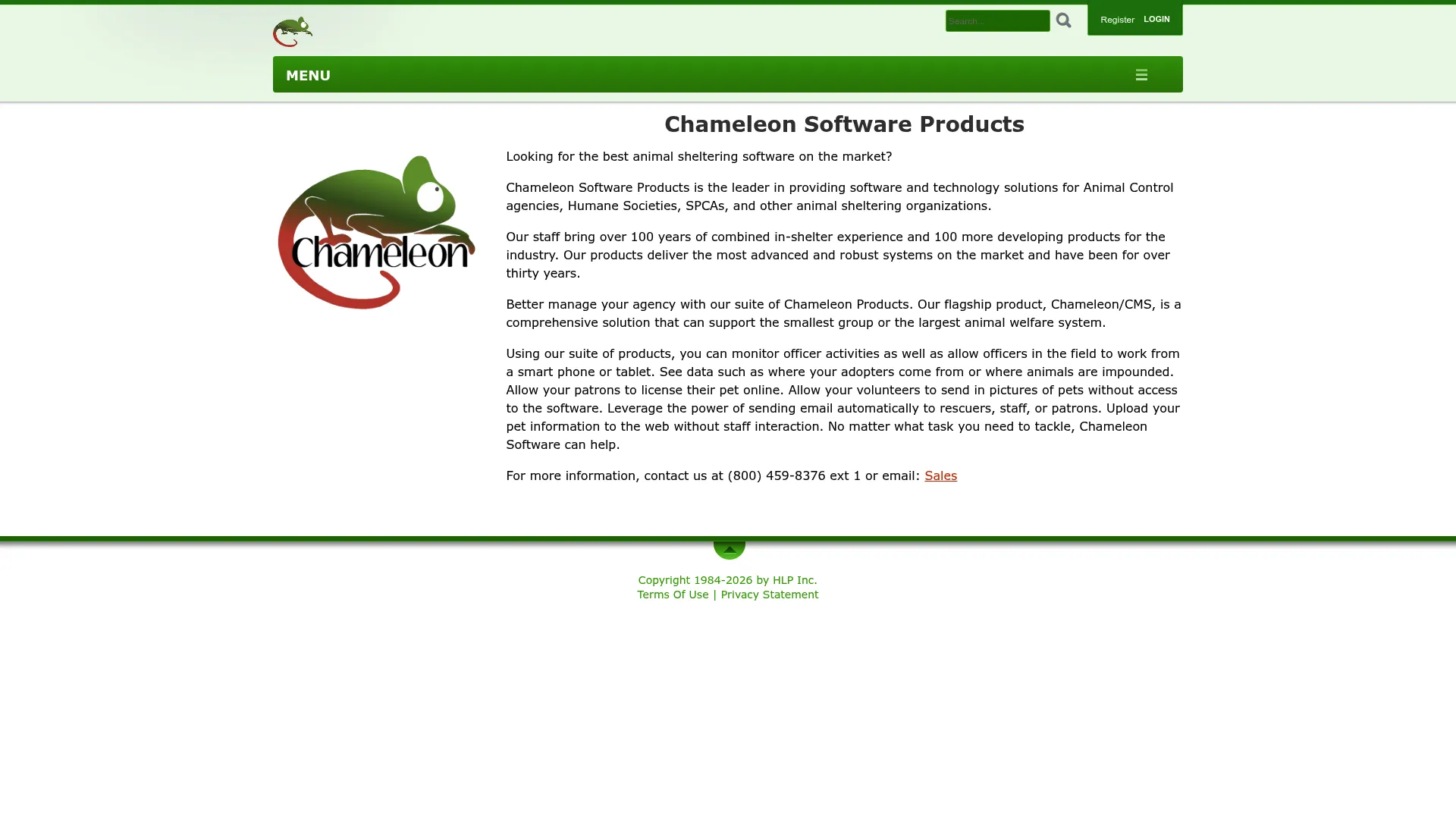 Chameleon homepage showing animal sheltering and case management software