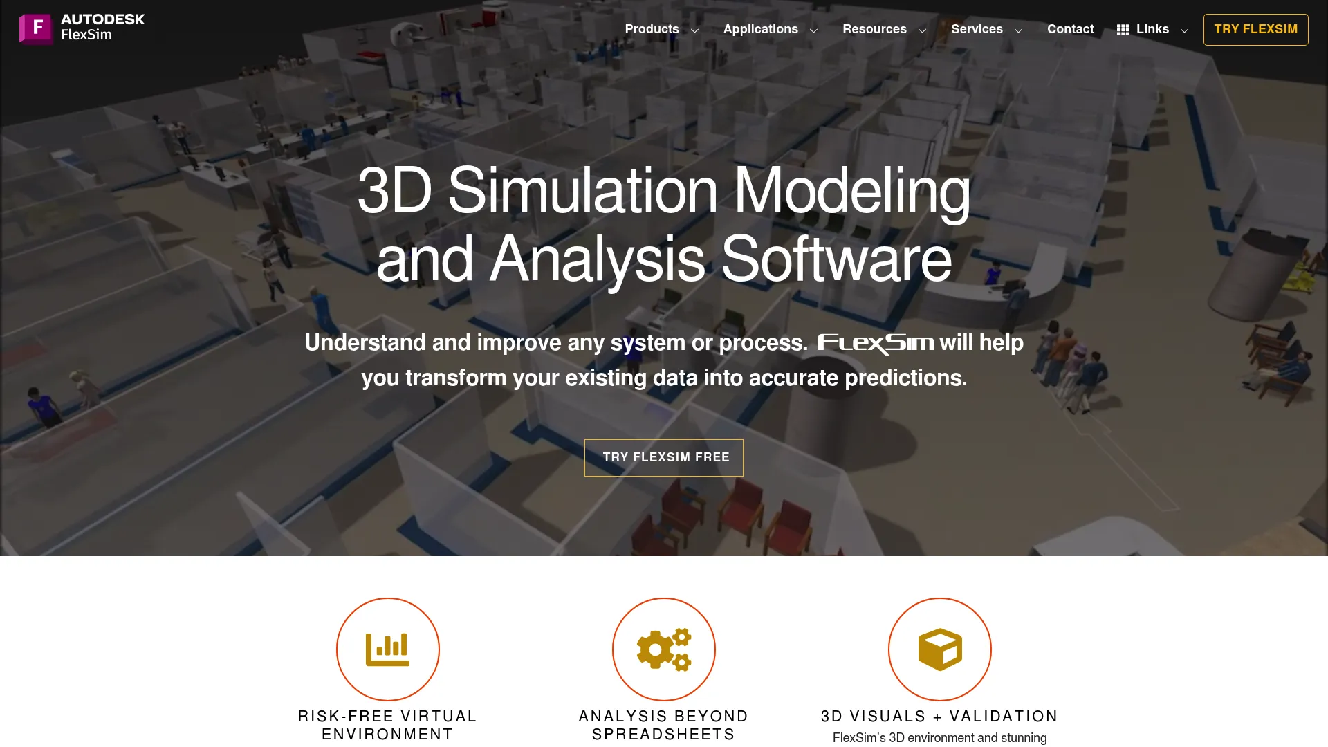 Autodesk FlexSim 3D warehouse simulation model with racking and conveyor flow