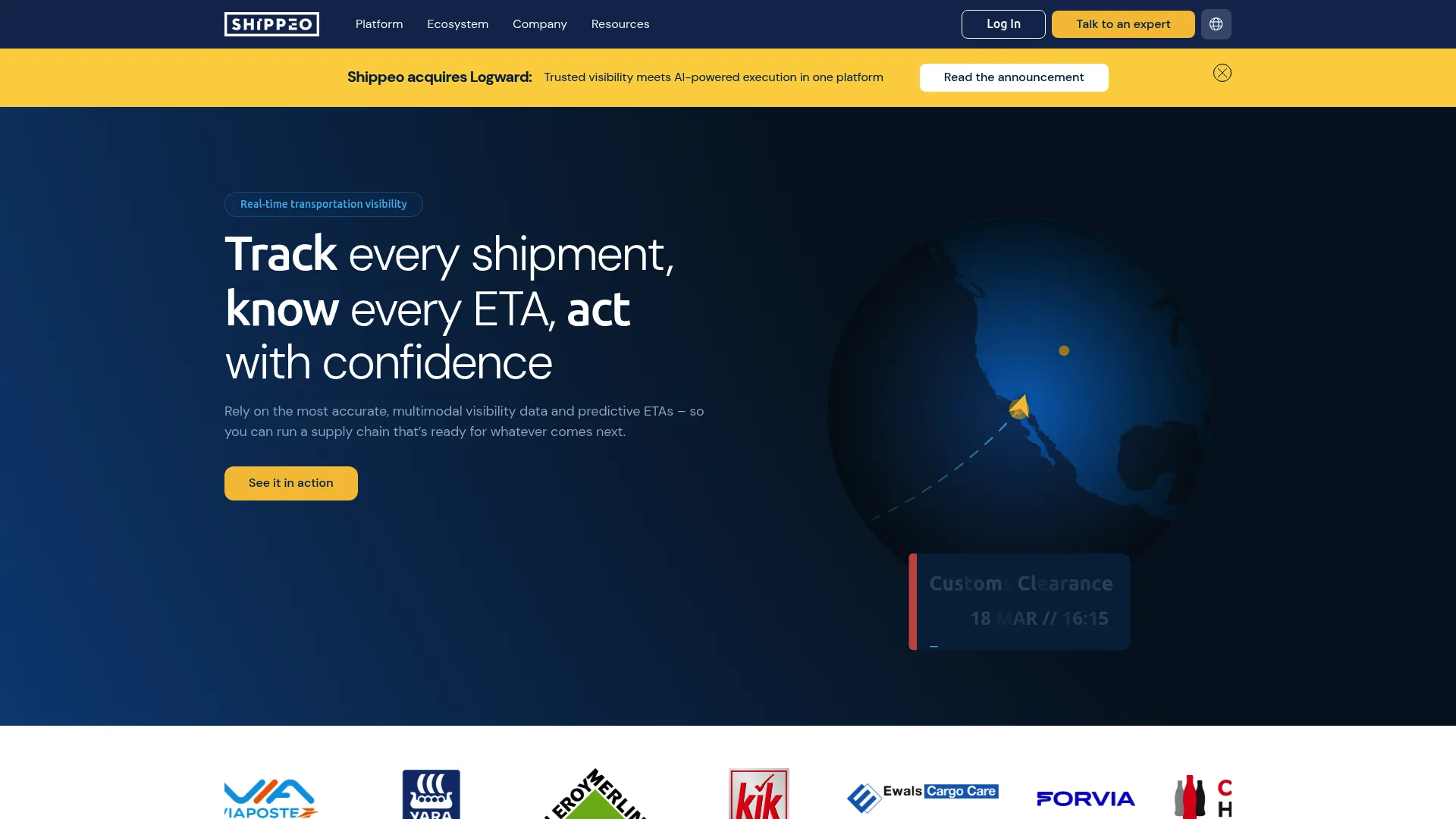 Shippeo real-time multimodal transportation visibility platform homepage