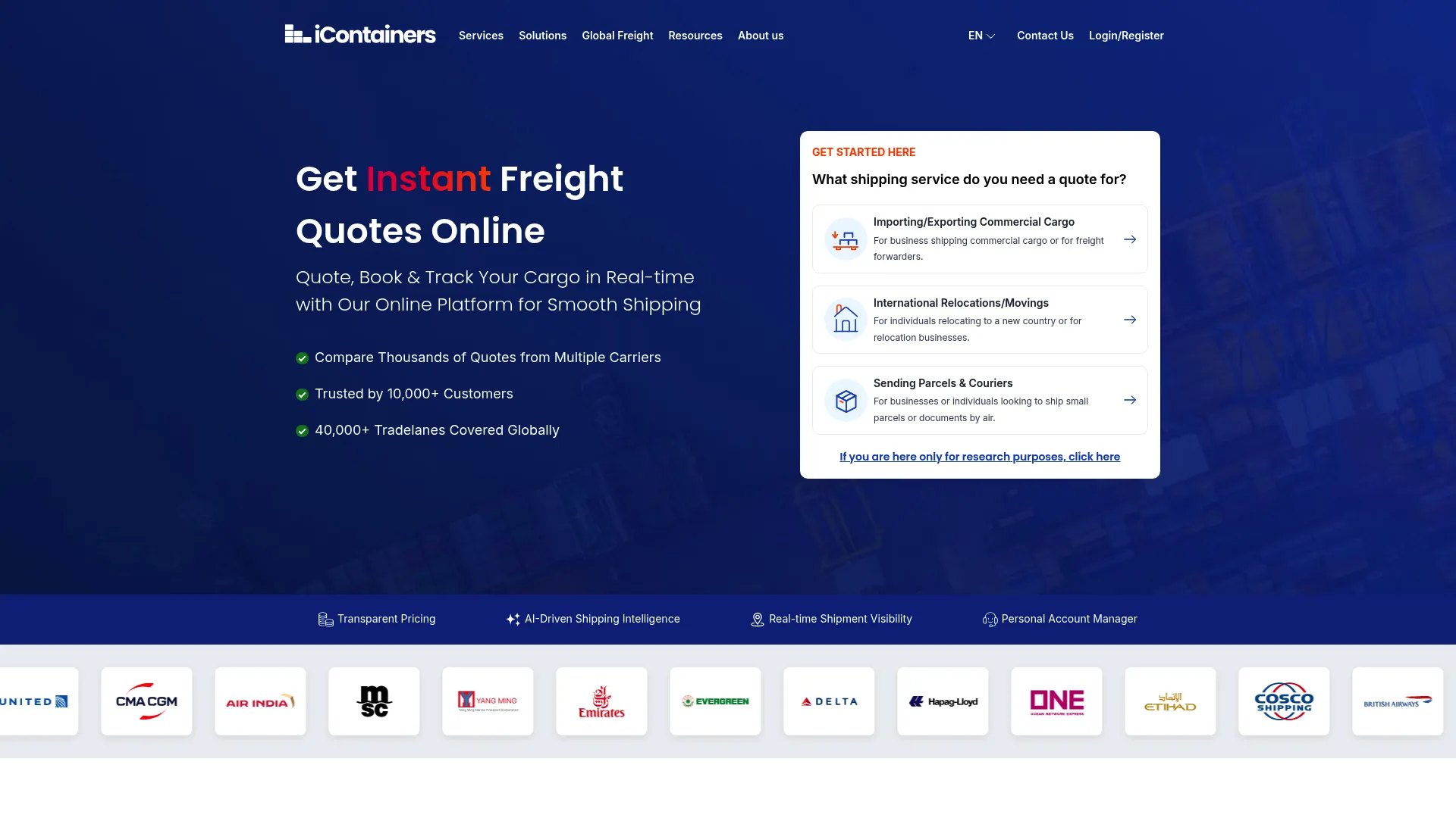 iContainers ocean freight forwarding dashboard
