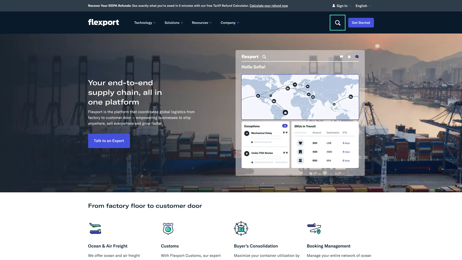 Flexport end-to-end logistics platform dashboard