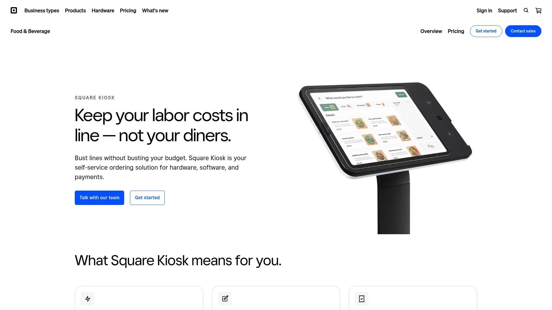 Square Kiosk self-service ordering software page