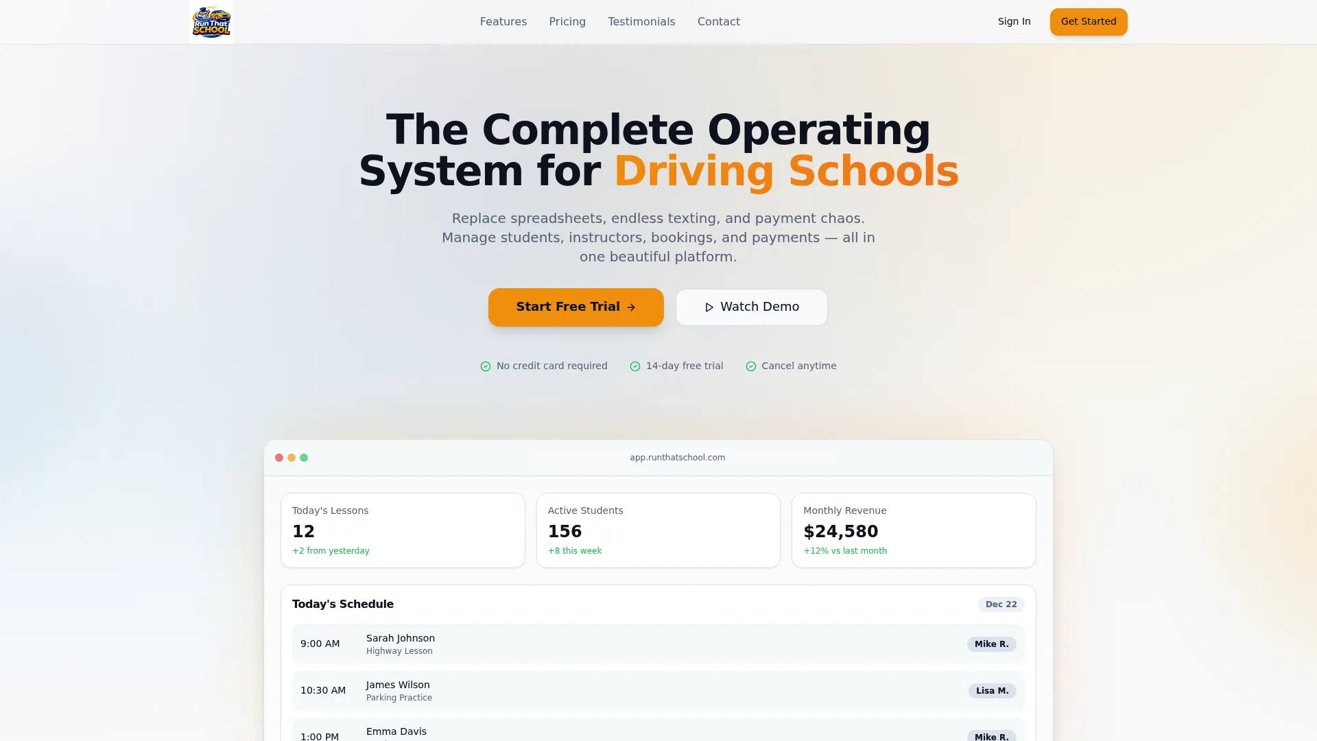 Run That School homepage showing scheduling, payments, and analytics