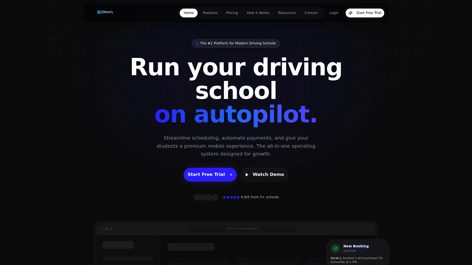 Drivofy homepage showing mobile-first scheduling and student portal