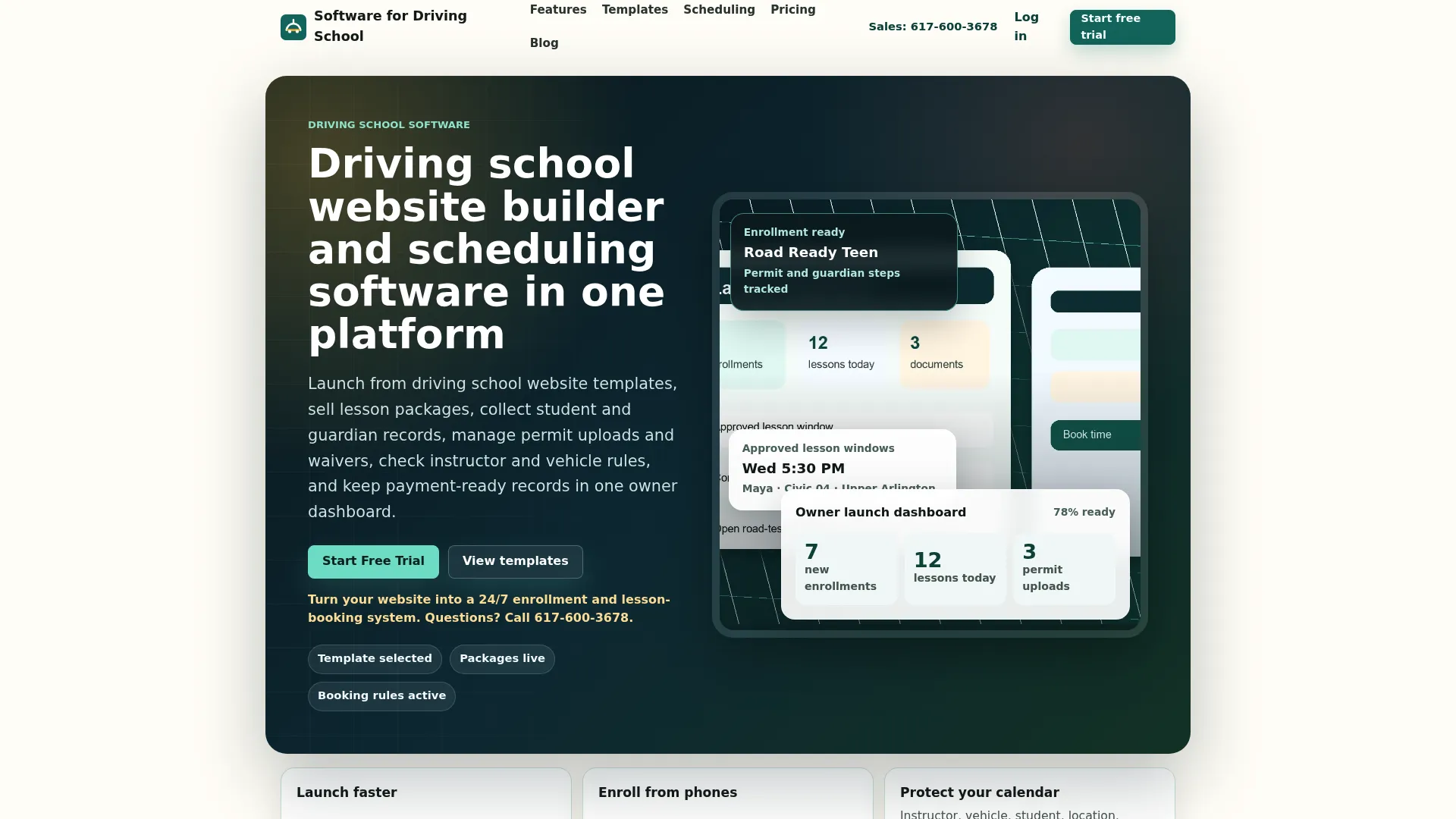 Software for Driving School homepage showing website templates and enrollment