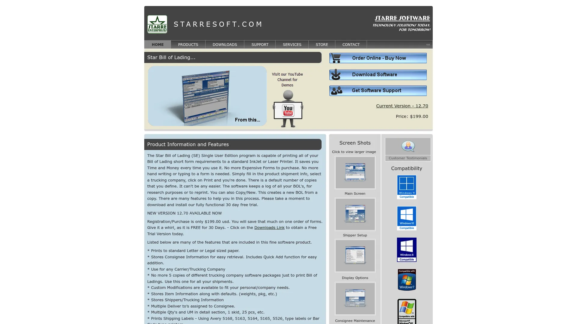 Star Bill of Lading desktop software homepage