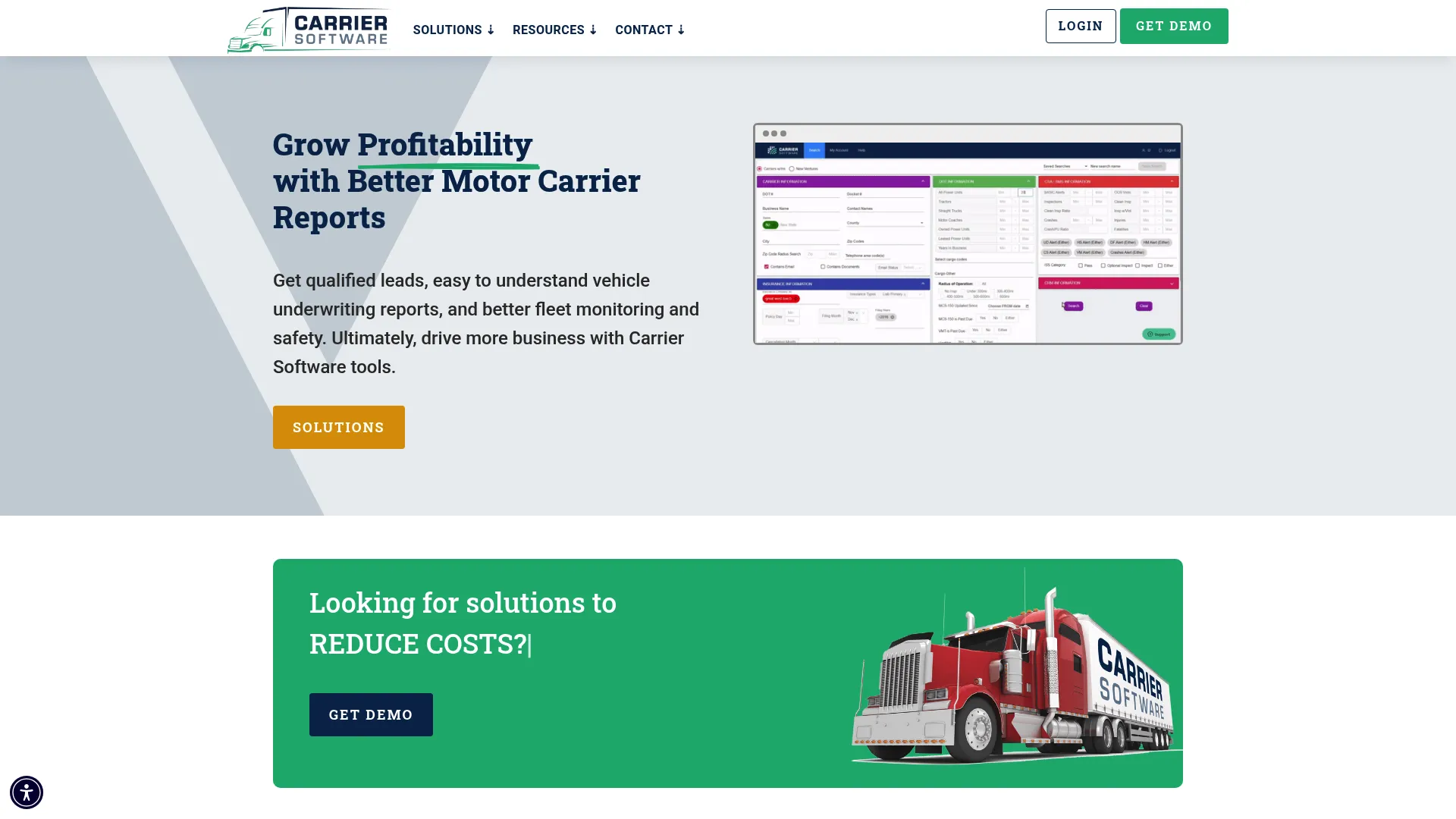 Carrier Software homepage showing motor carrier data analysis products