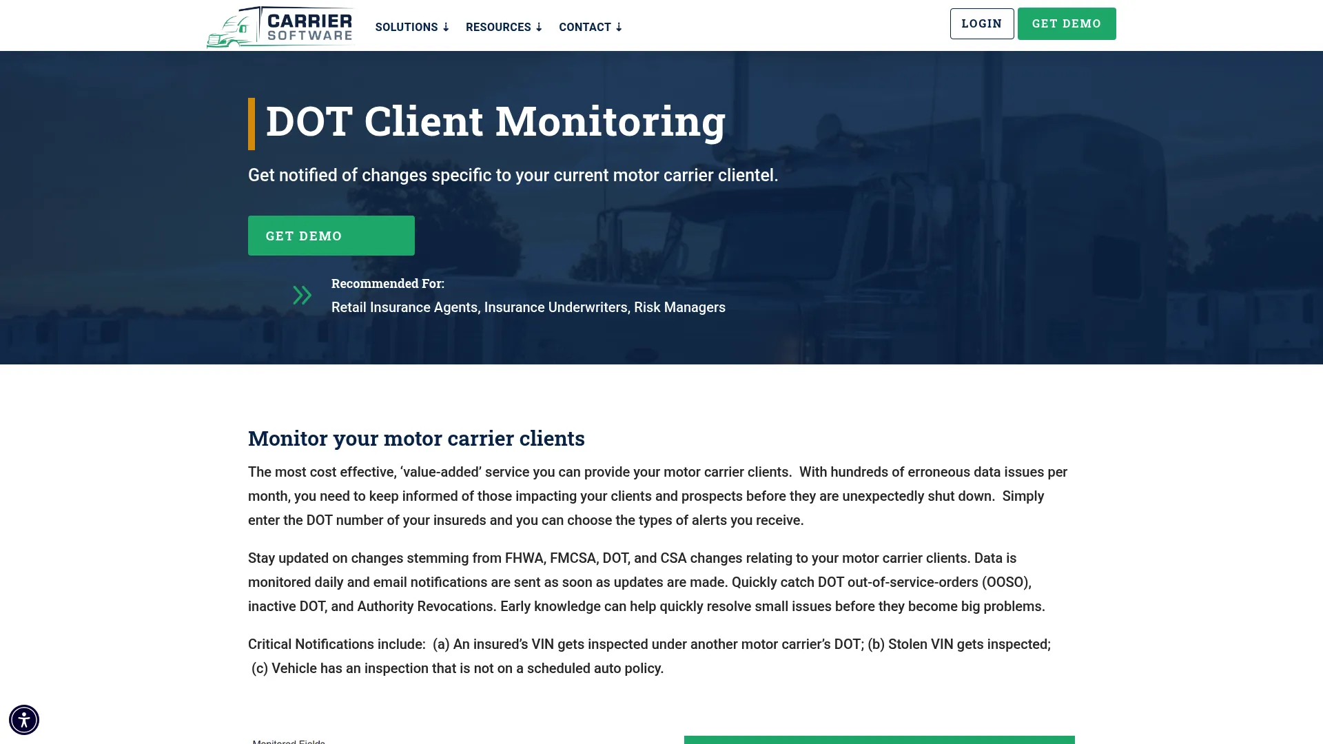 DOT Client Monitoring dashboard showing carrier change alerts