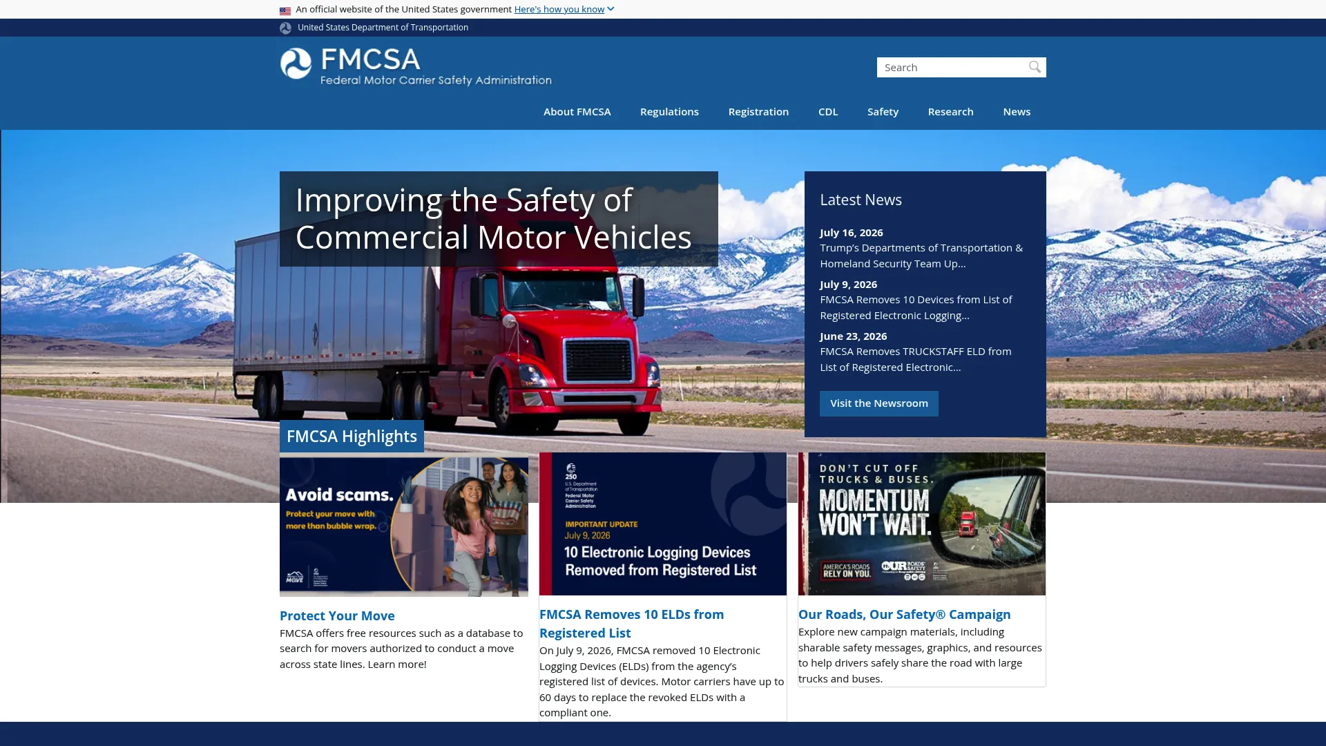 FMCSA homepage showing federal motor carrier safety resources