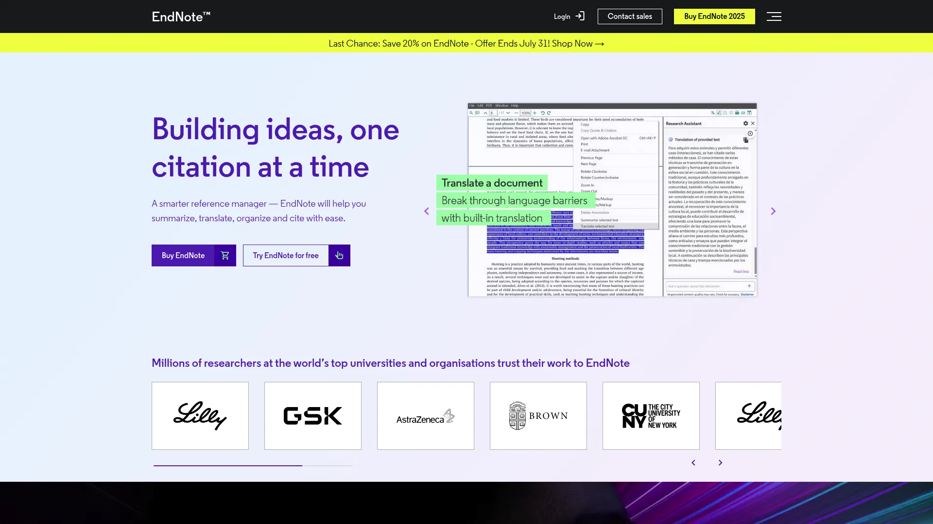 EndNote reference management software homepage
