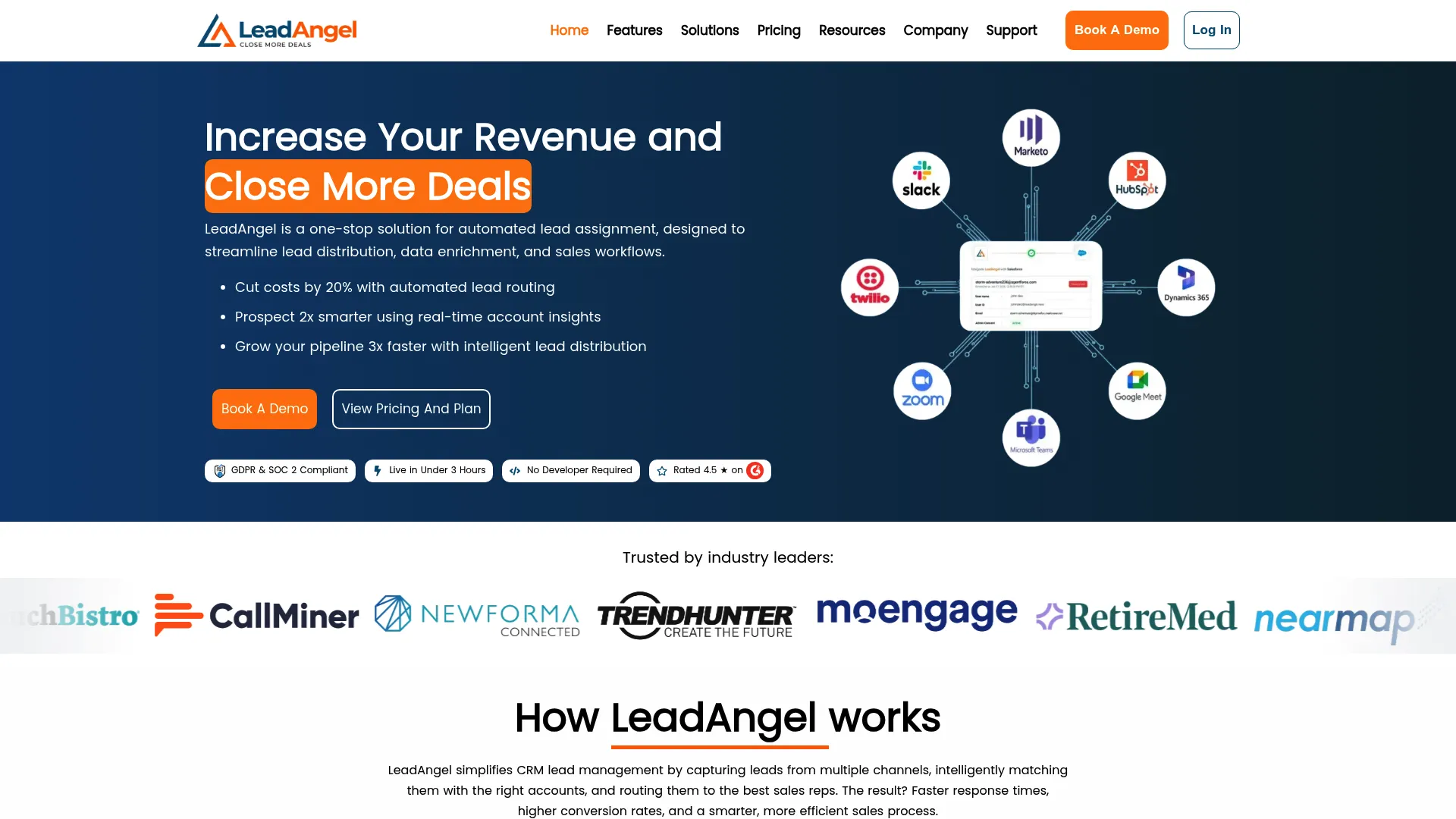 LeadAngel lead routing platform homepage