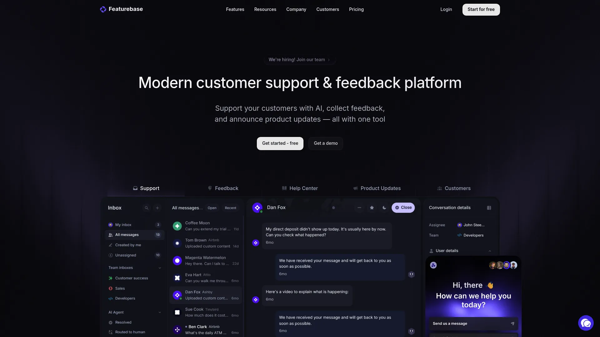 Featurebase dashboard showing feedback boards, roadmap, and changelog views