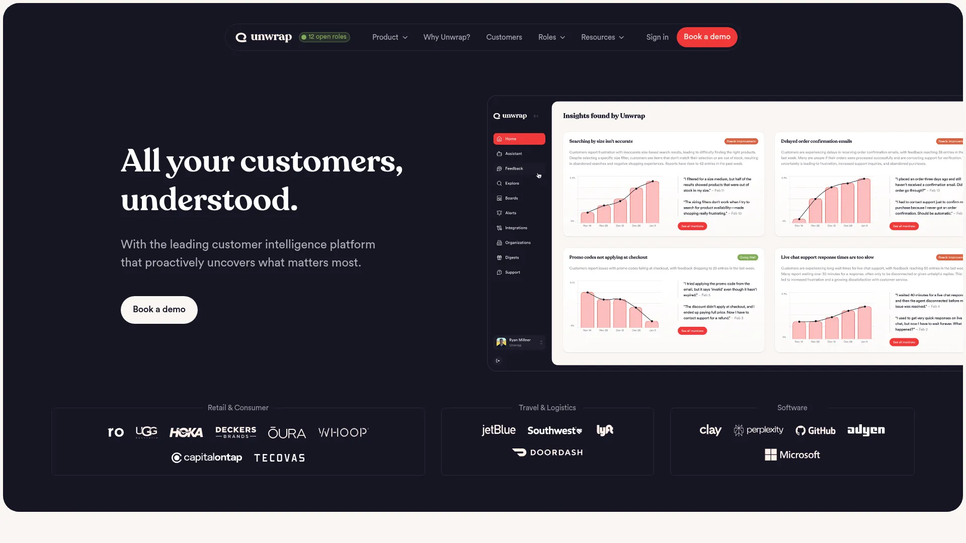 Unwrap AI dashboard showing auto-tagged feedback themes and analytics