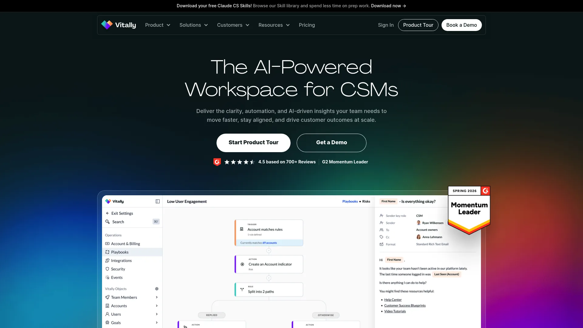 Vitally customer success platform homepage