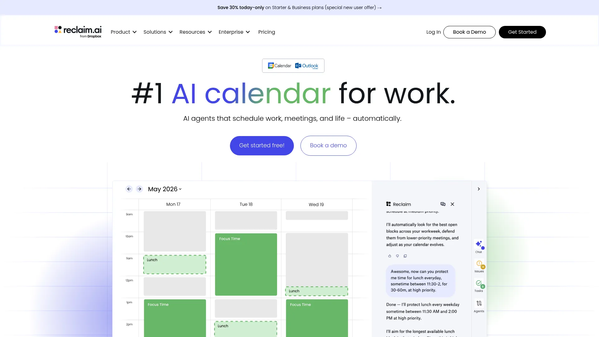 Reclaim AI calendar assistant homepage